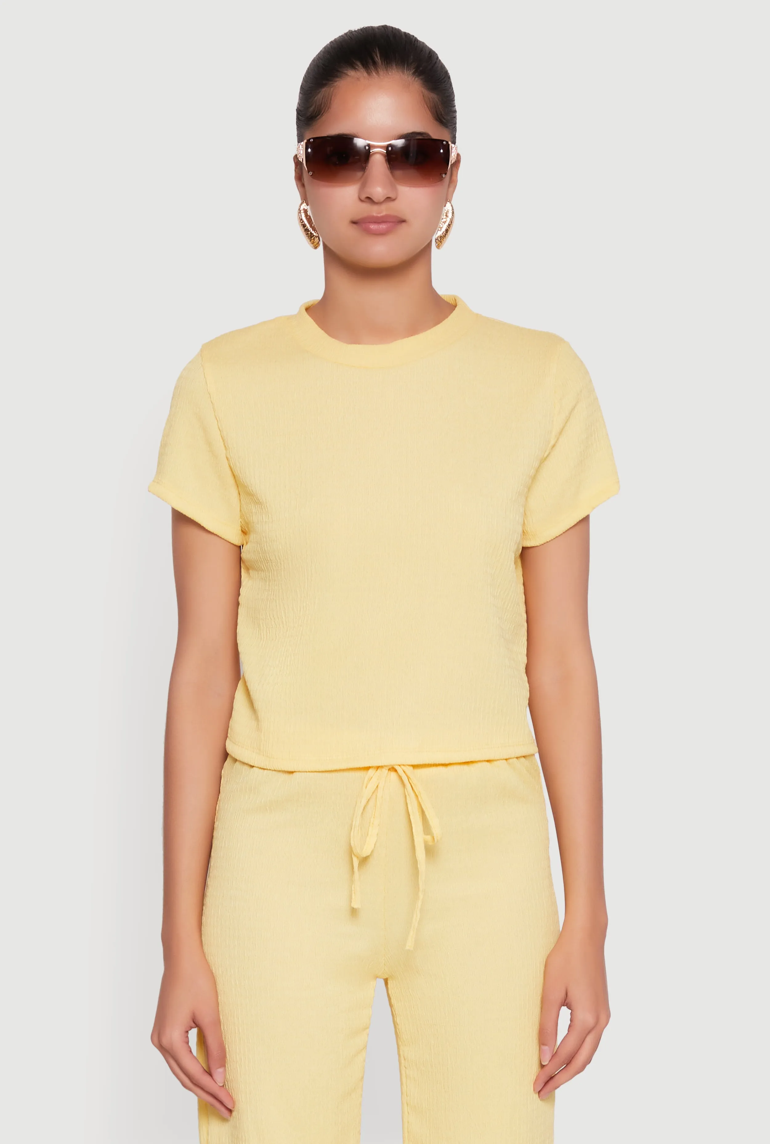 Trendy Textured Knit Cropped Crew Neck Top sold by Rainbow