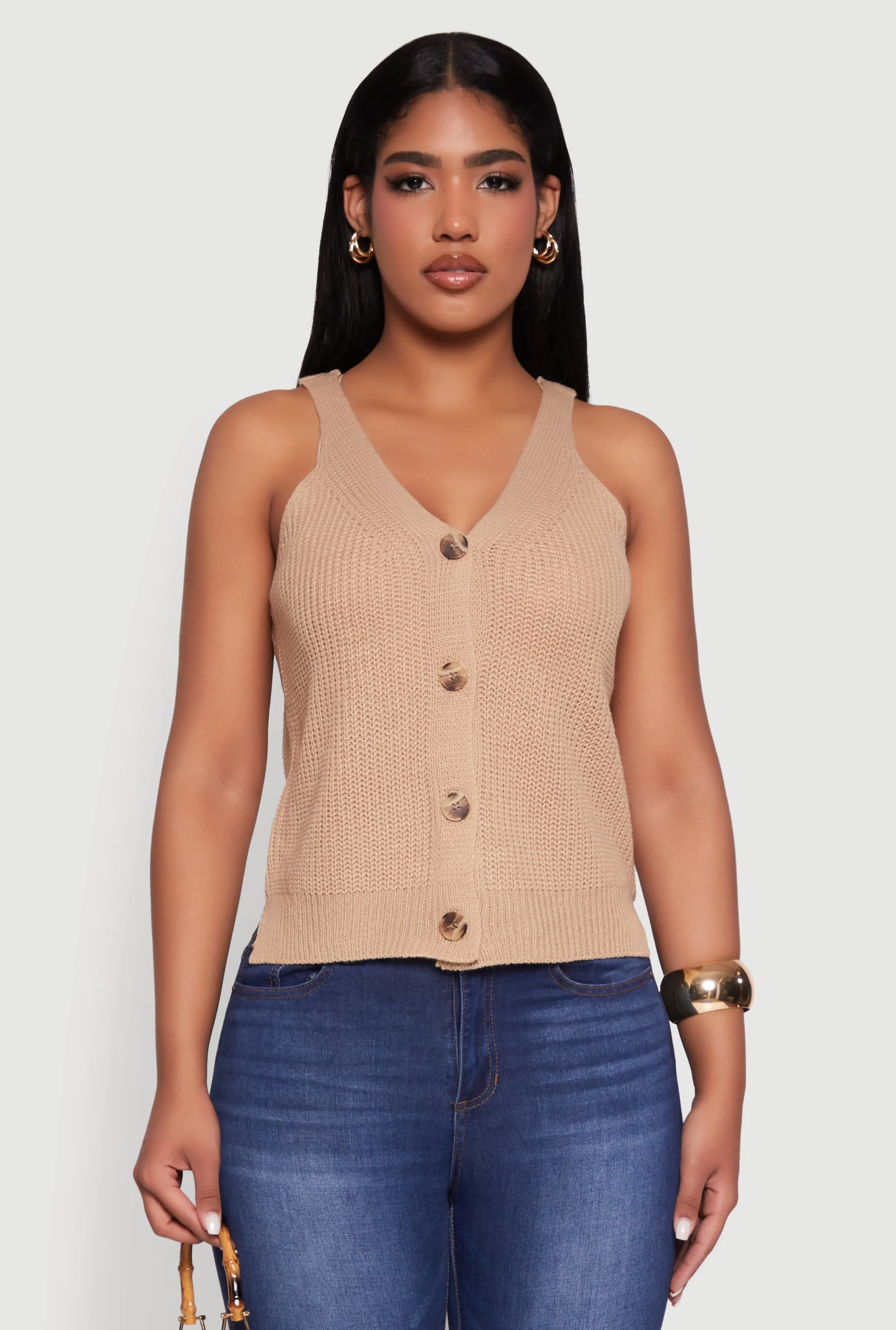 Chic Knit V Neck Button Front Sleeveless Sweater Vest sold by Rainbow product image thumbnail 2
