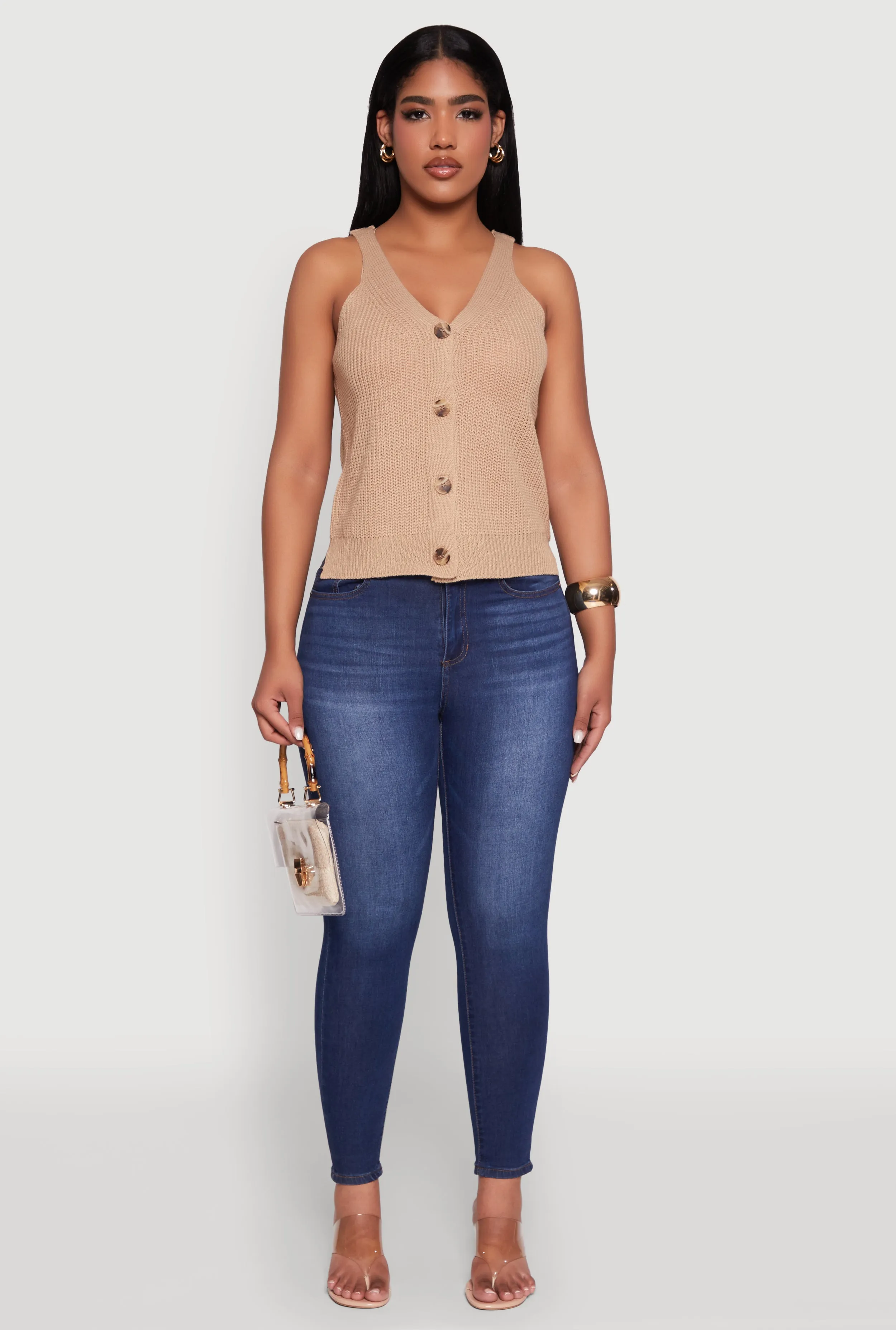 Chic Knit V Neck Button Front Sleeveless Sweater Vest sold by Rainbow product image thumbnail 3