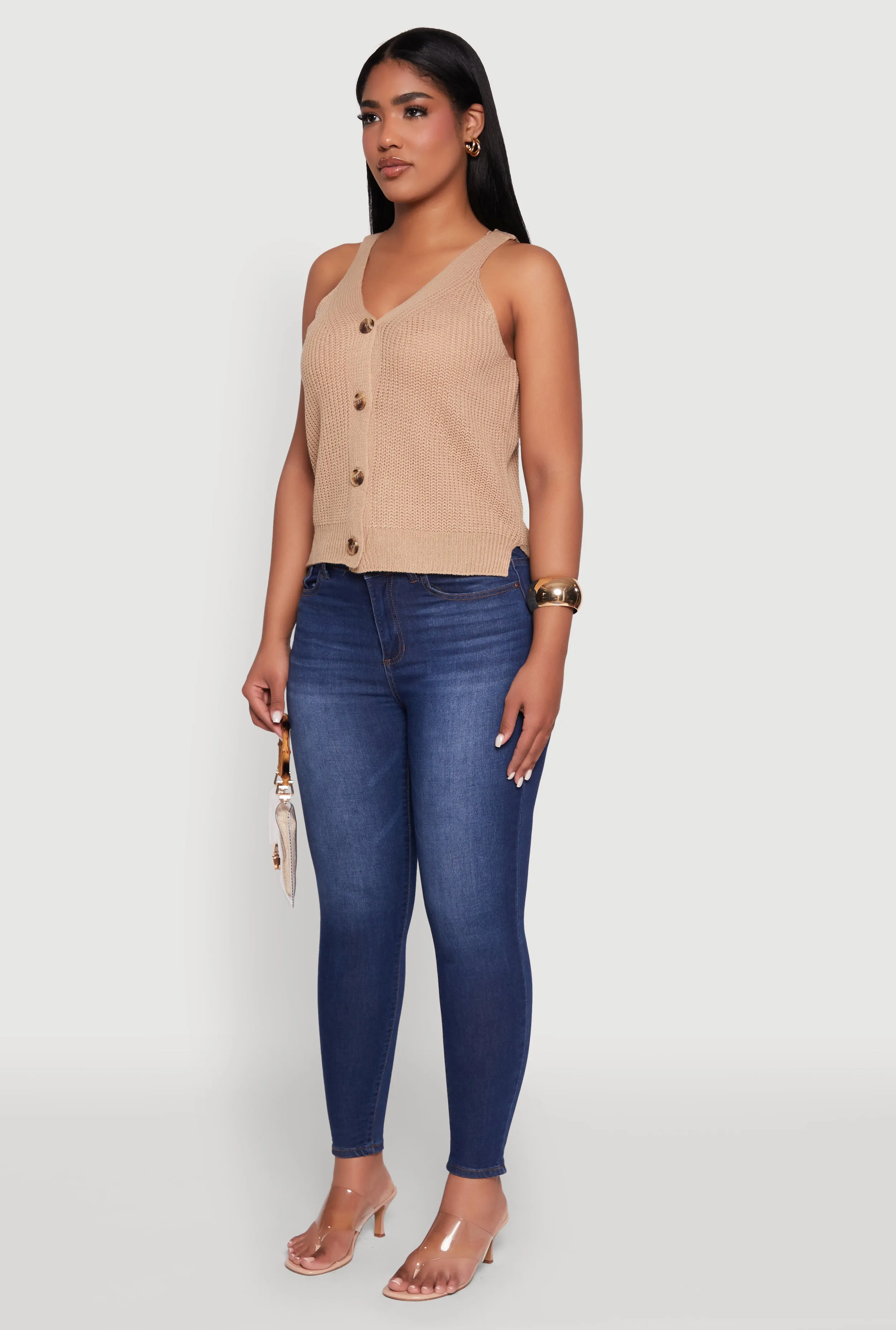 Chic Knit V Neck Button Front Sleeveless Sweater Vest sold by Rainbow product image thumbnail 5