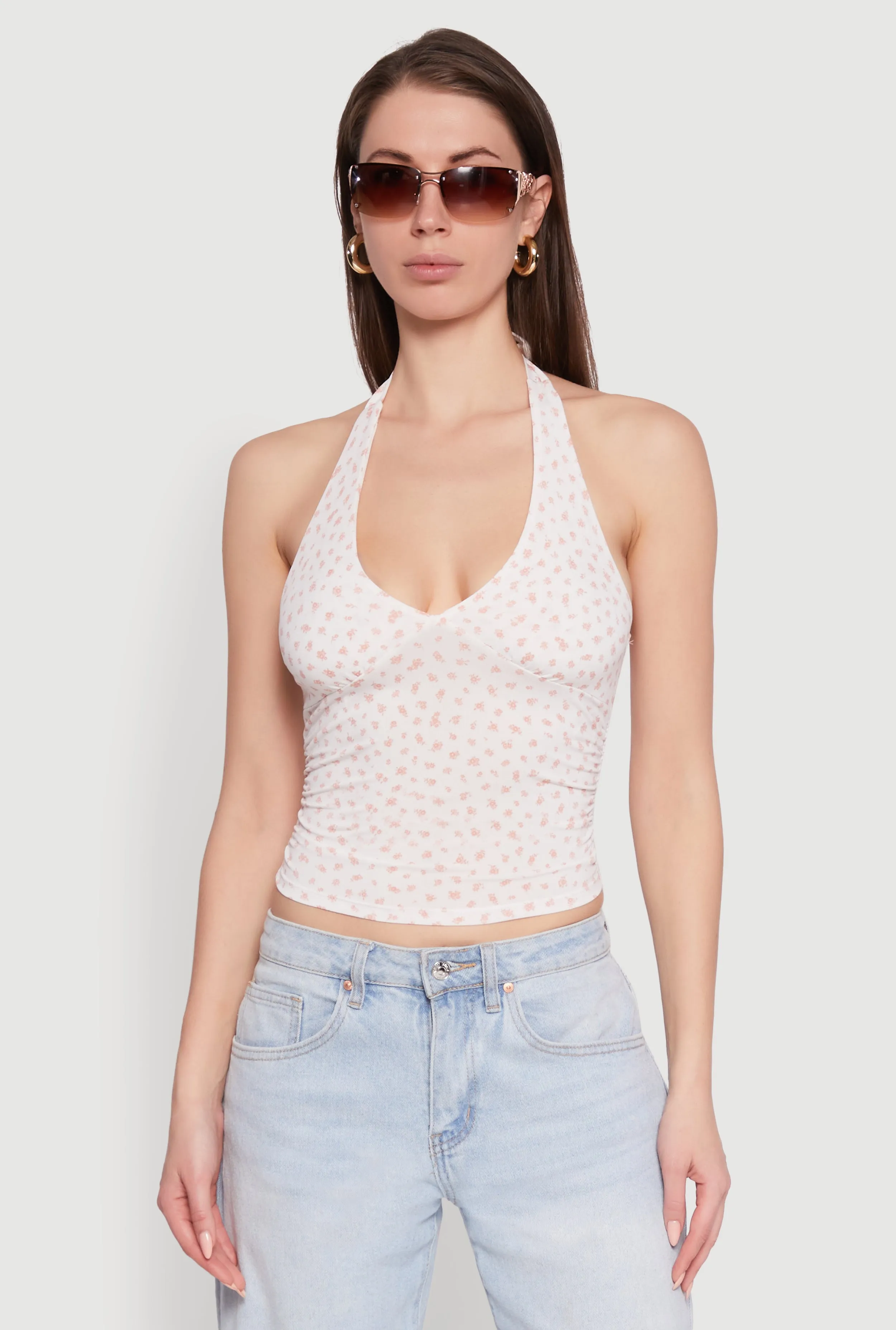 Ditsy Floral Print Side Ruched Tie Neck Halter Top sold by Rainbow product image thumbnail 2