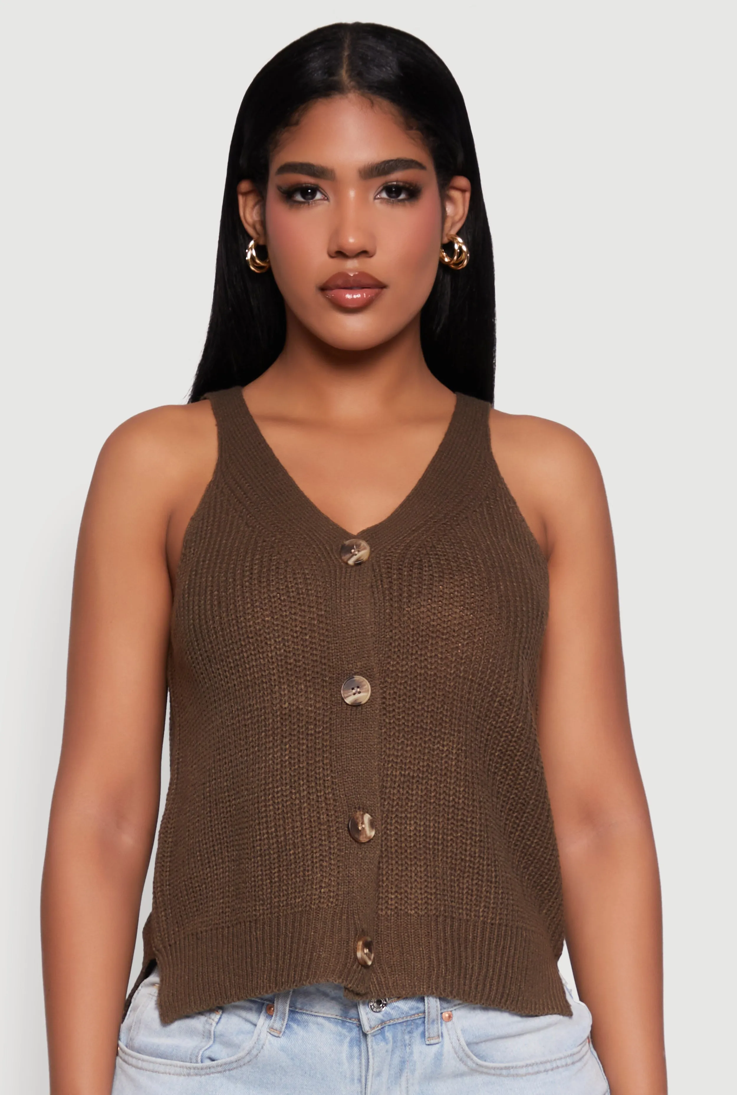 Chic Knit V Neck Button Front Sleeveless Sweater Vest sold by Rainbow product image thumbnail 2