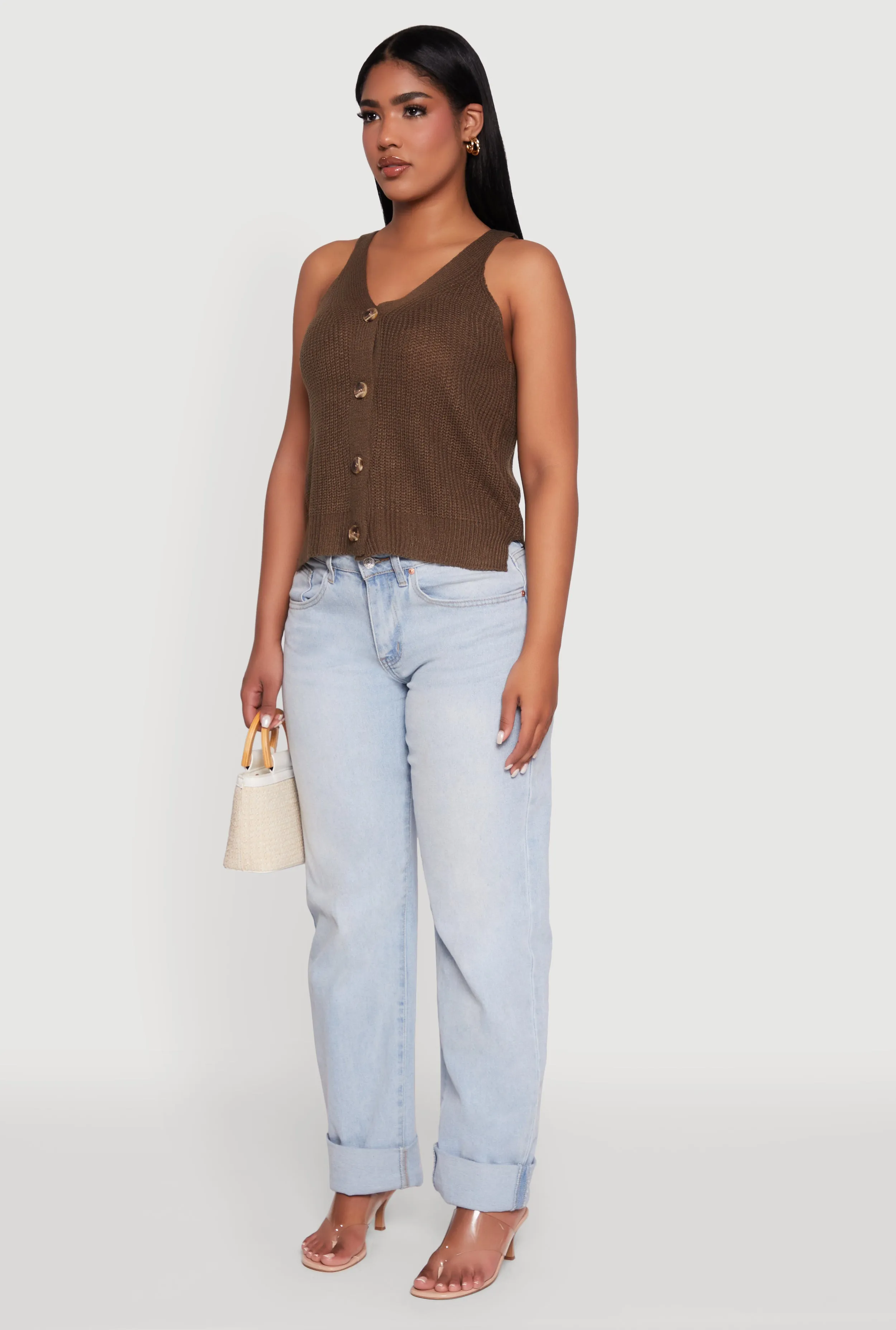 Chic Knit V Neck Button Front Sleeveless Sweater Vest sold by Rainbow product image thumbnail 5