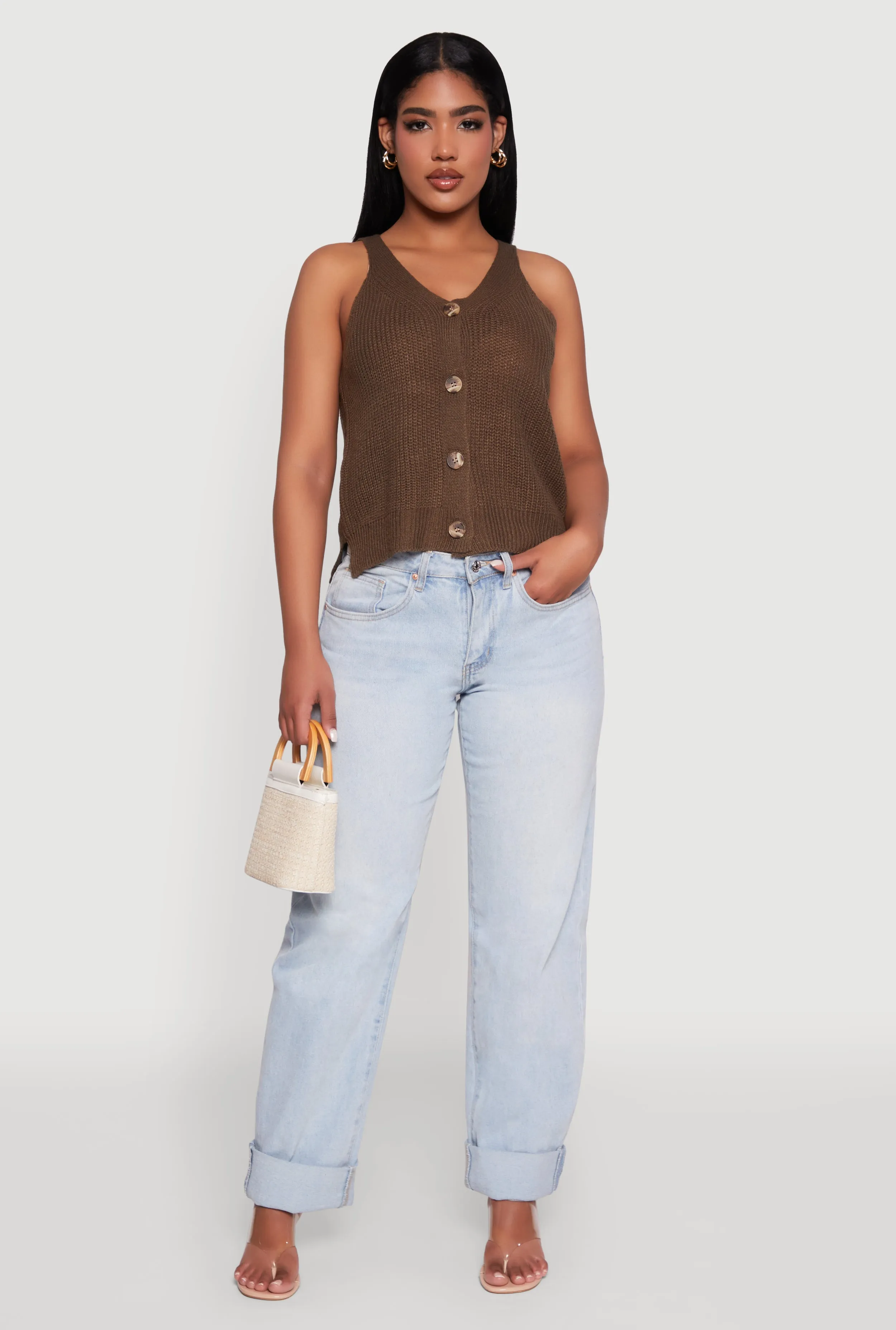 Chic Knit V Neck Button Front Sleeveless Sweater Vest sold by Rainbow