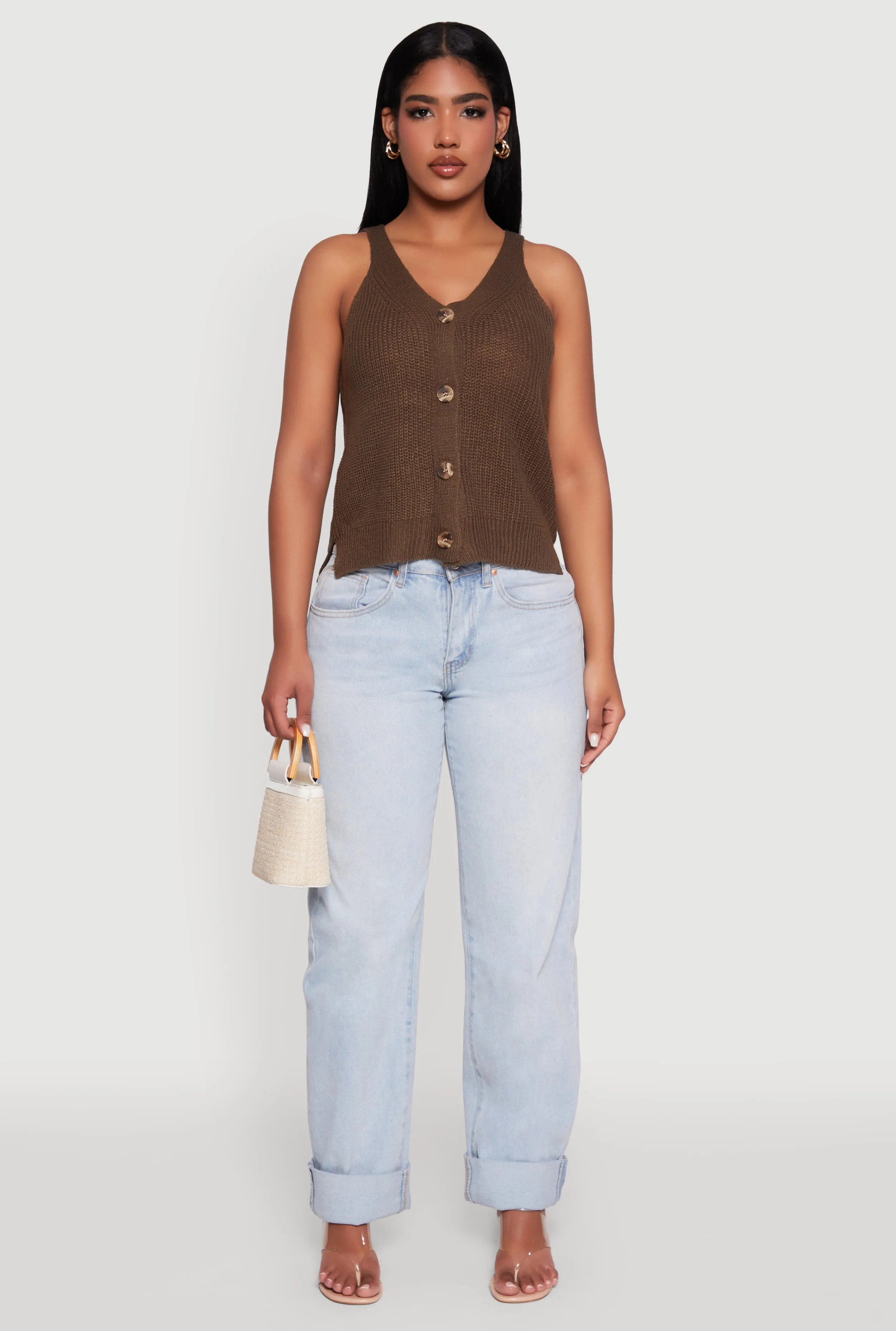 Chic Knit V Neck Button Front Sleeveless Sweater Vest sold by Rainbow product image thumbnail 3