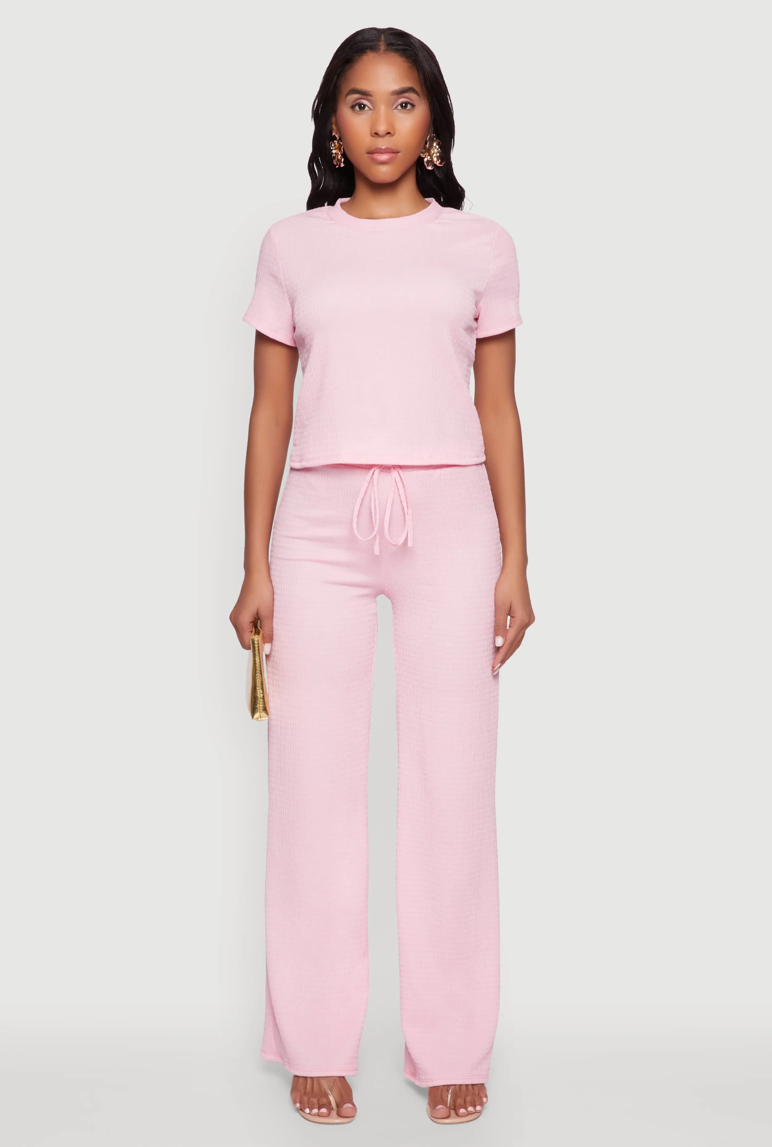 Casual Textured Knit Straight Leg Pants with Faux Drawstring sold by Rainbow