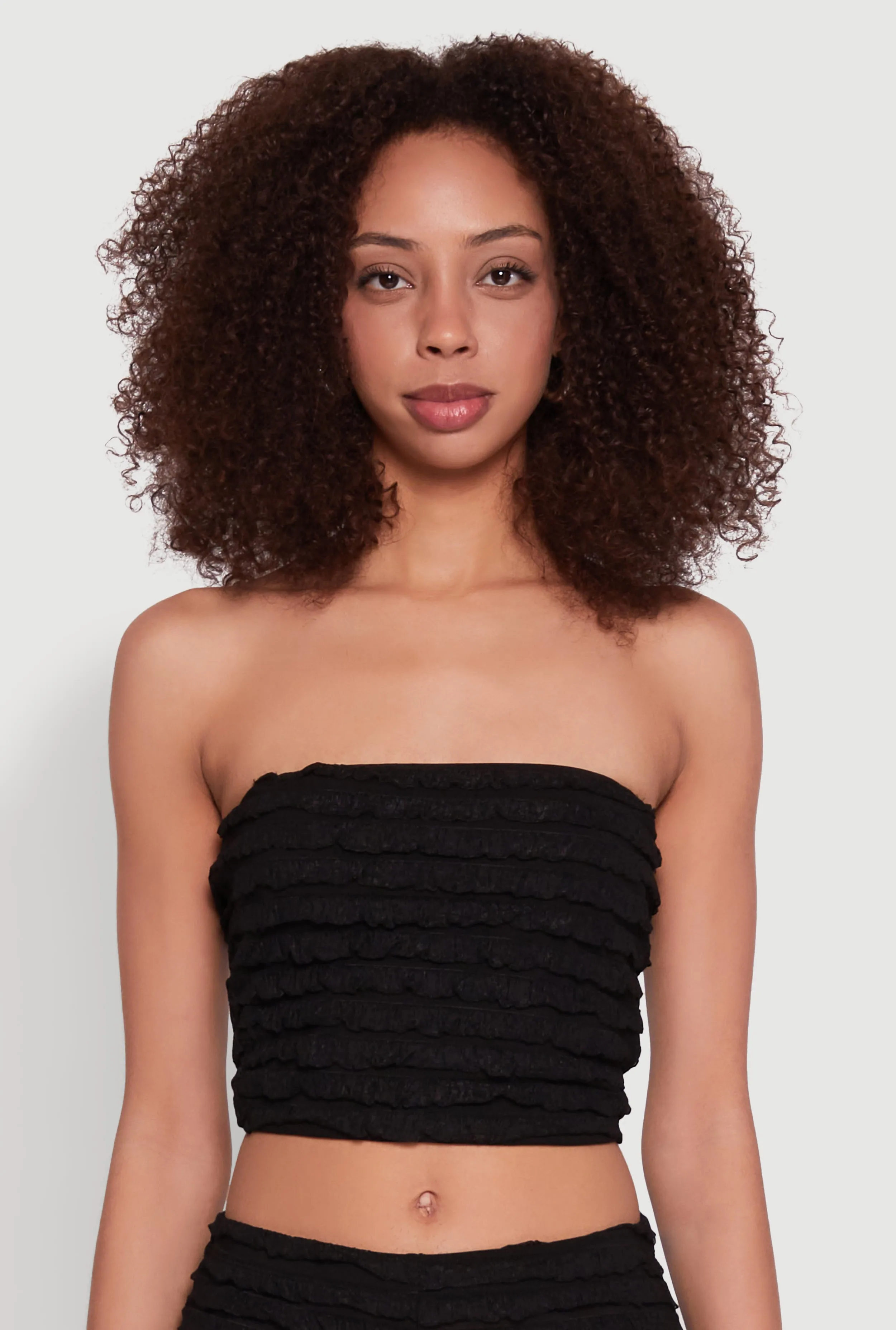 Trendy Mesh Lettuce Edge Tube Top with Cropped Hem sold by Rainbow