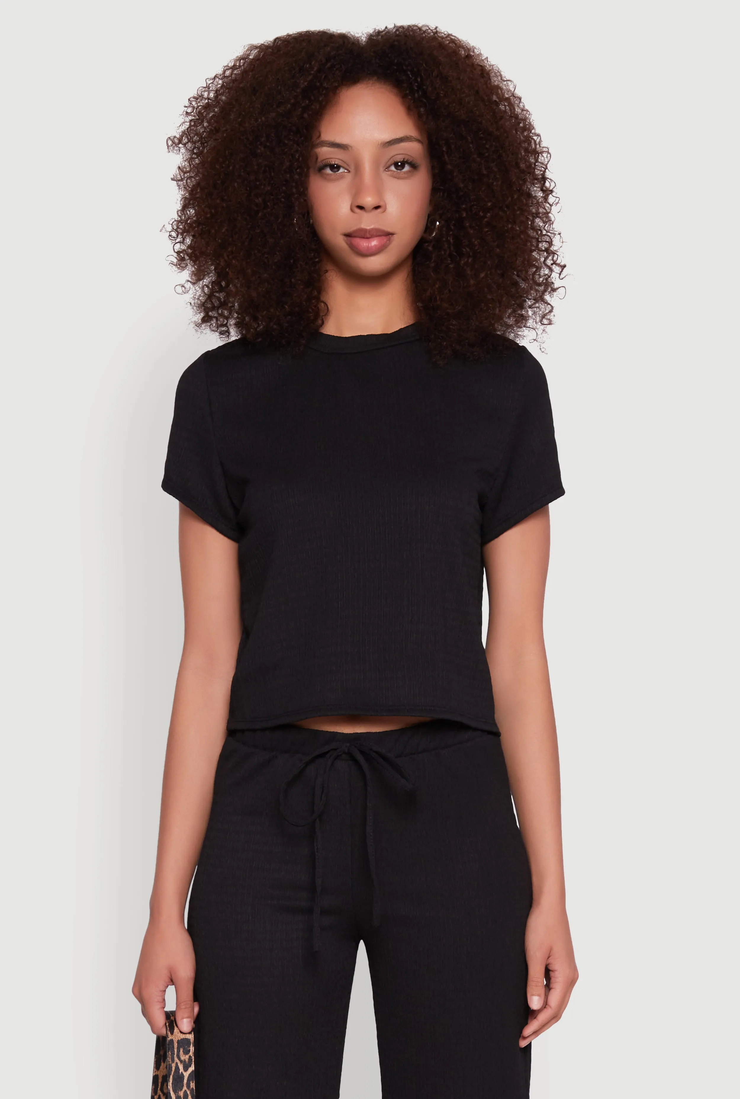 Trendy Textured Knit Cropped Crew Neck Top sold by Rainbow