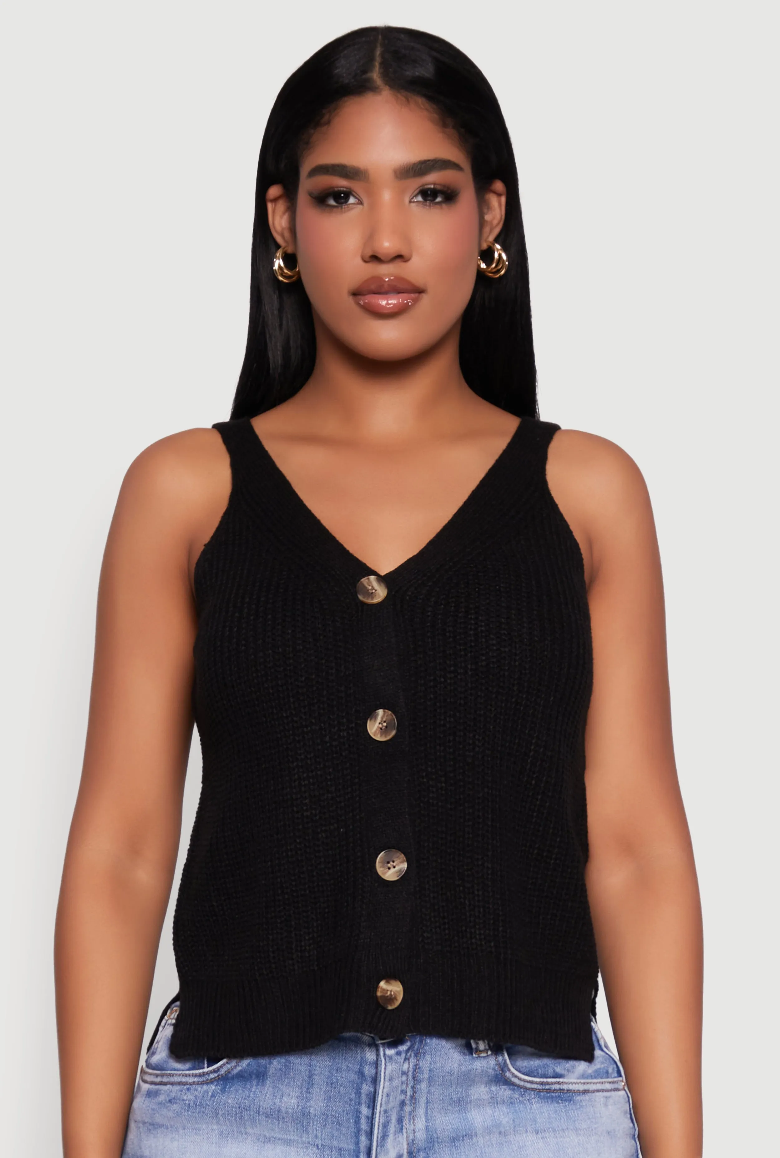 Chic Knit V Neck Button Front Sleeveless Sweater Vest sold by Rainbow product image thumbnail 2