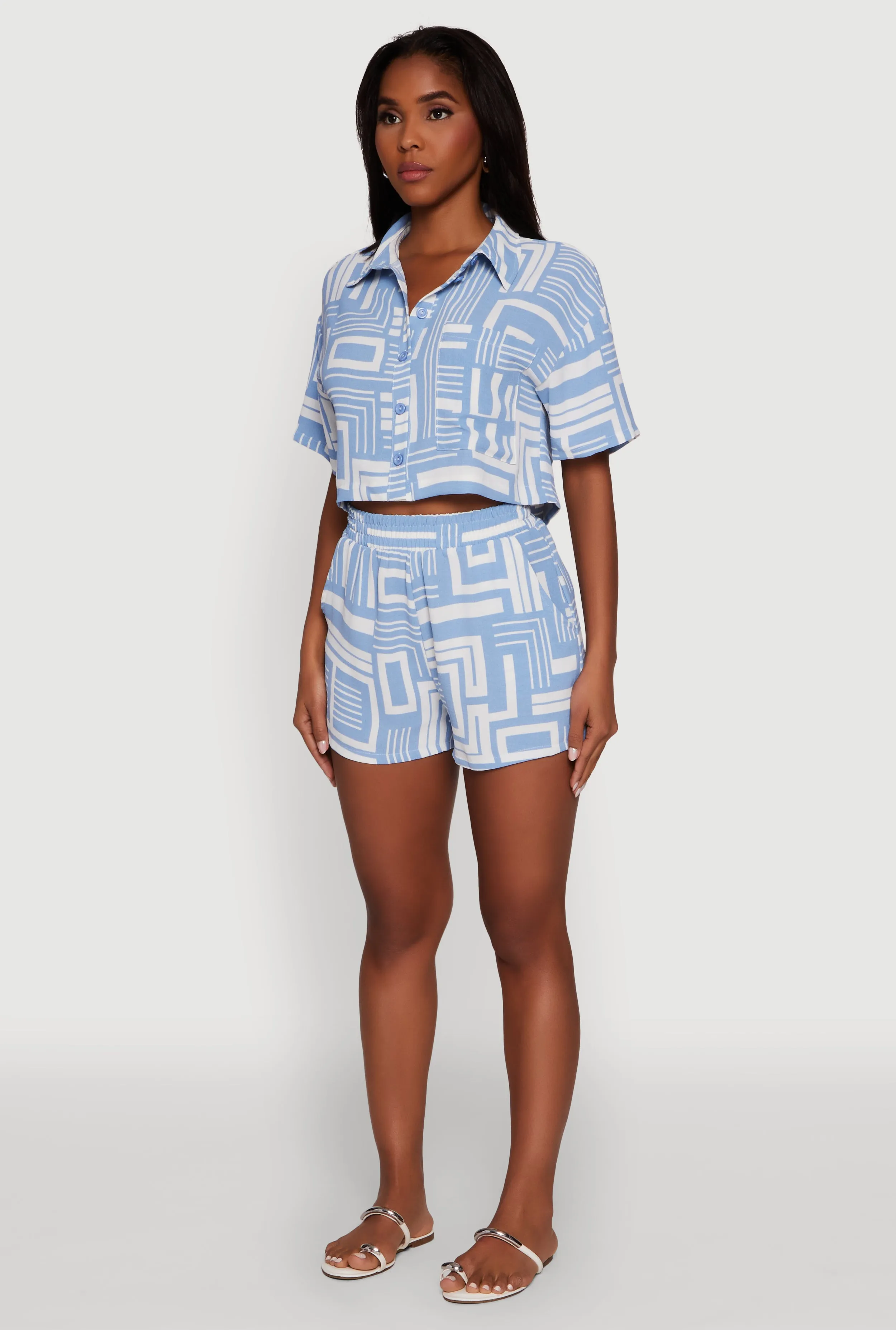 Crepe Knit Geometric Print Cropped Shirt sold by Rainbow product image thumbnail 5