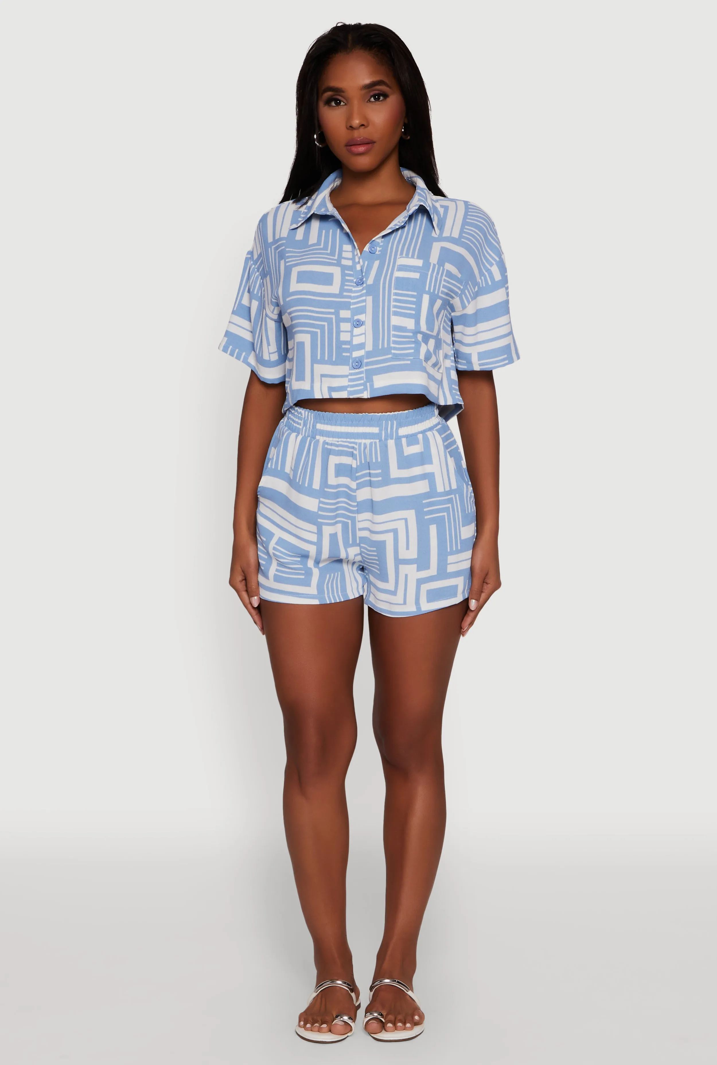 Crepe Knit Geometric Print Cropped Shirt sold by Rainbow product image thumbnail 2