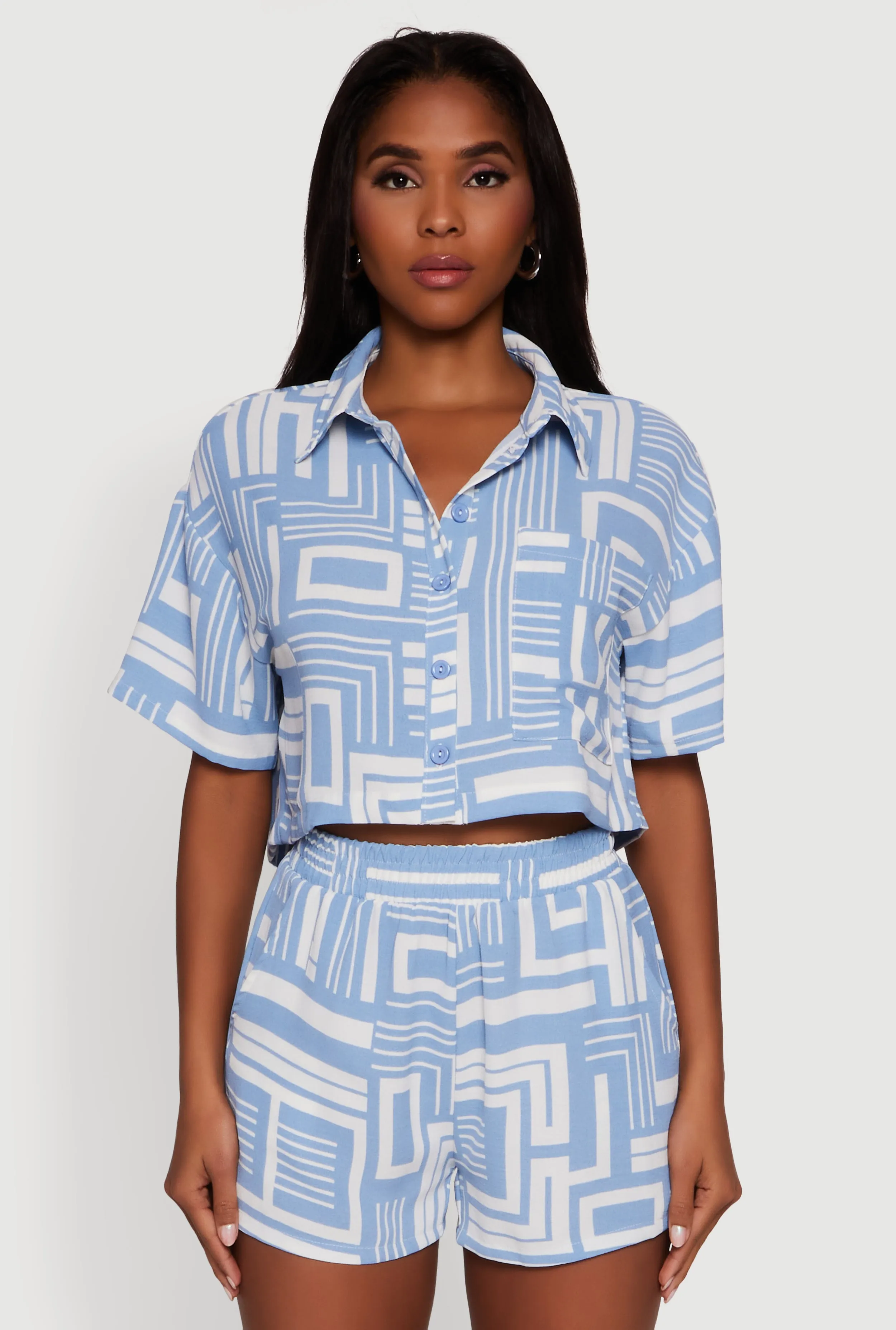 Crepe Knit Geometric Print Cropped Shirt sold by Rainbow