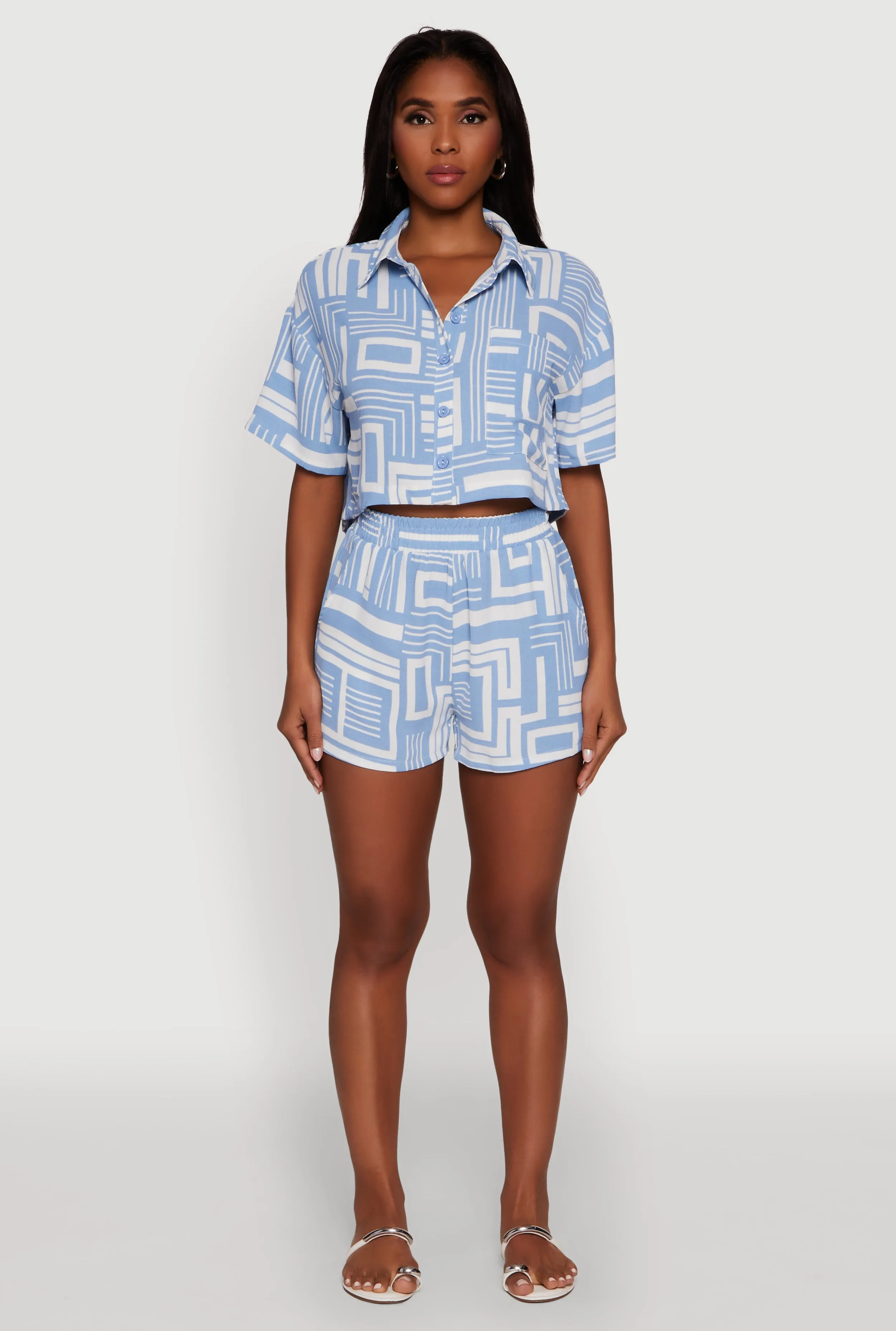 Crepe Knit Geometric Print Cropped Shirt sold by Rainbow product image thumbnail 3