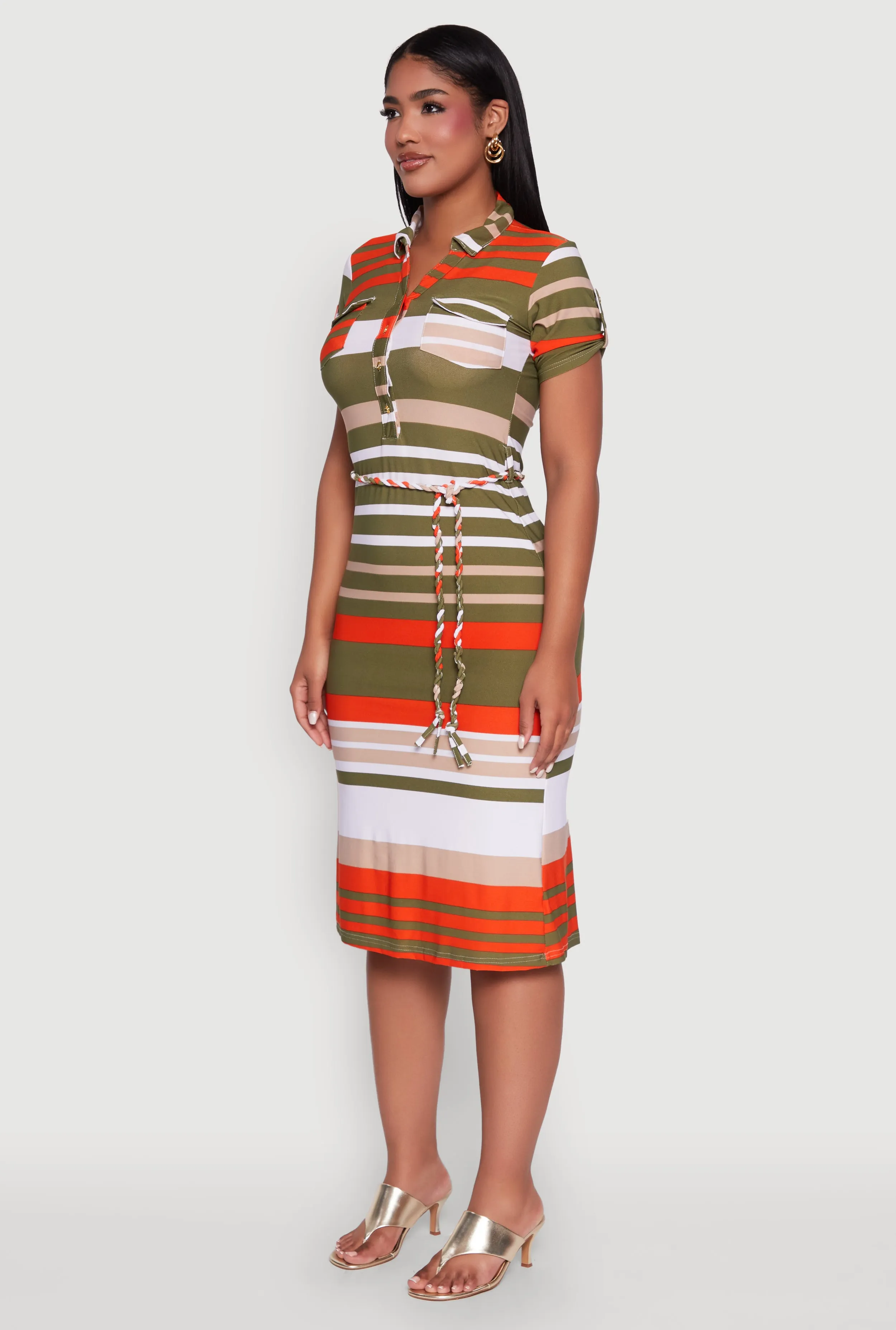 Stylish Tie Waist Belted Tabbed Sleeve Shirt Dress sold by Rainbow product image thumbnail 3