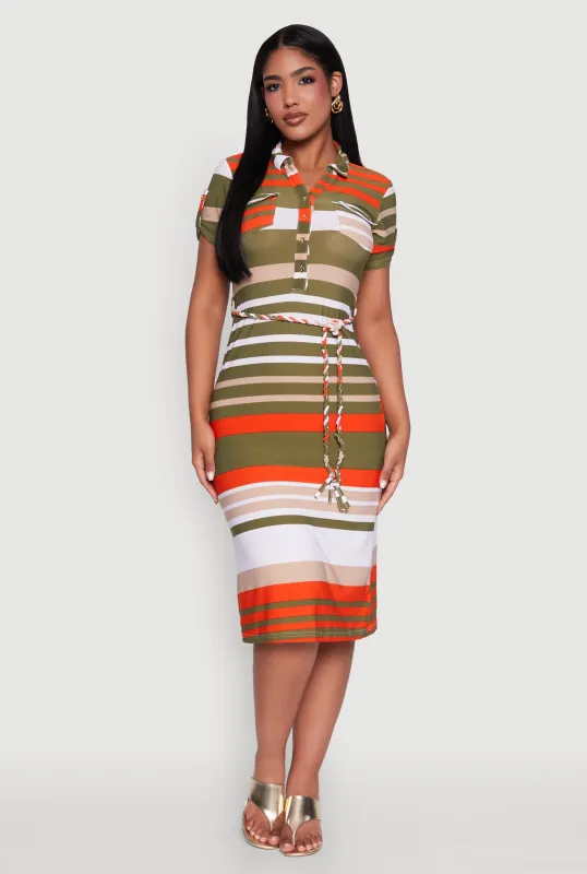 Stylish Tie Waist Belted Tabbed Sleeve Shirt Dress sold by Rainbow