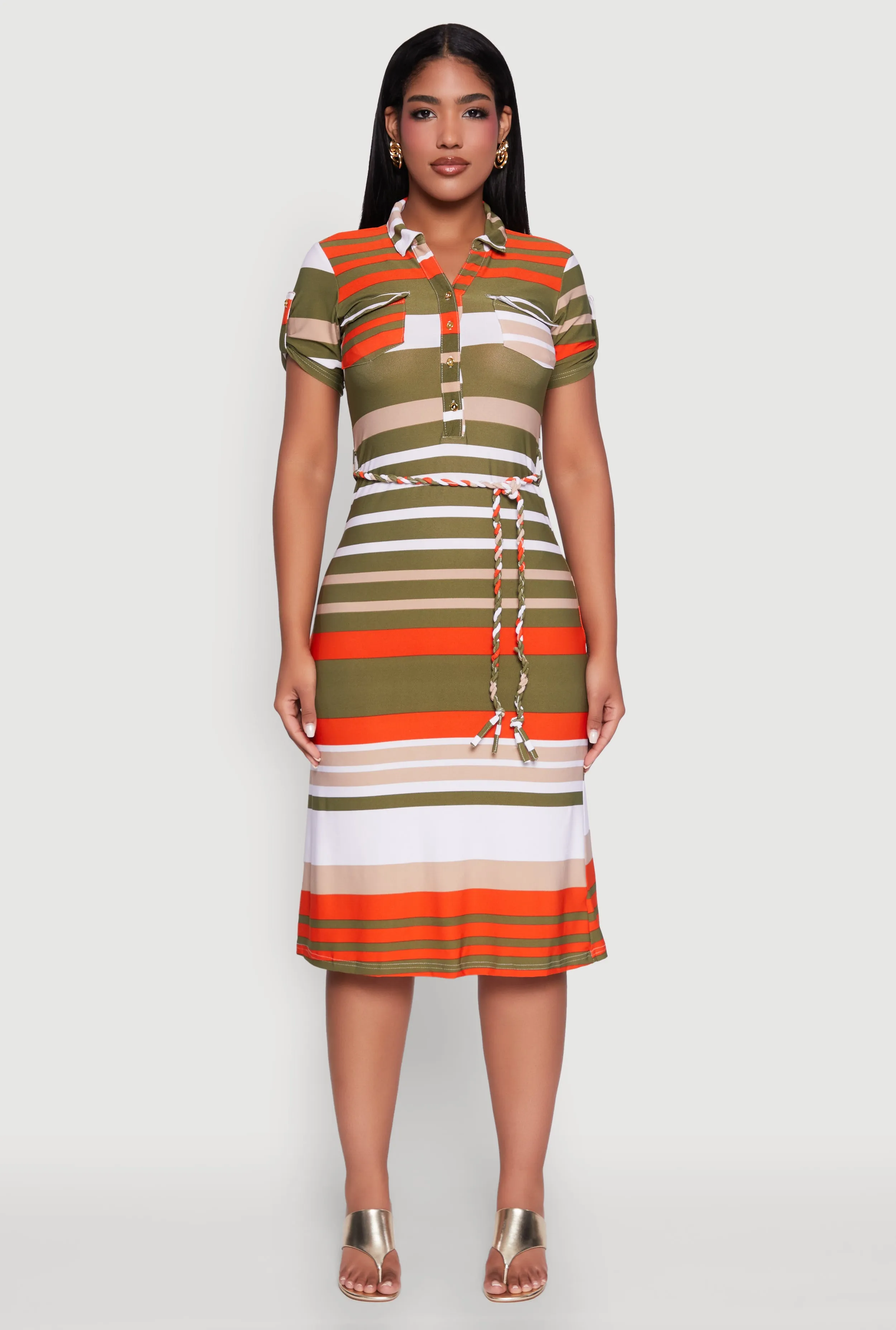 Stylish Tie Waist Belted Tabbed Sleeve Shirt Dress sold by Rainbow product image thumbnail 2