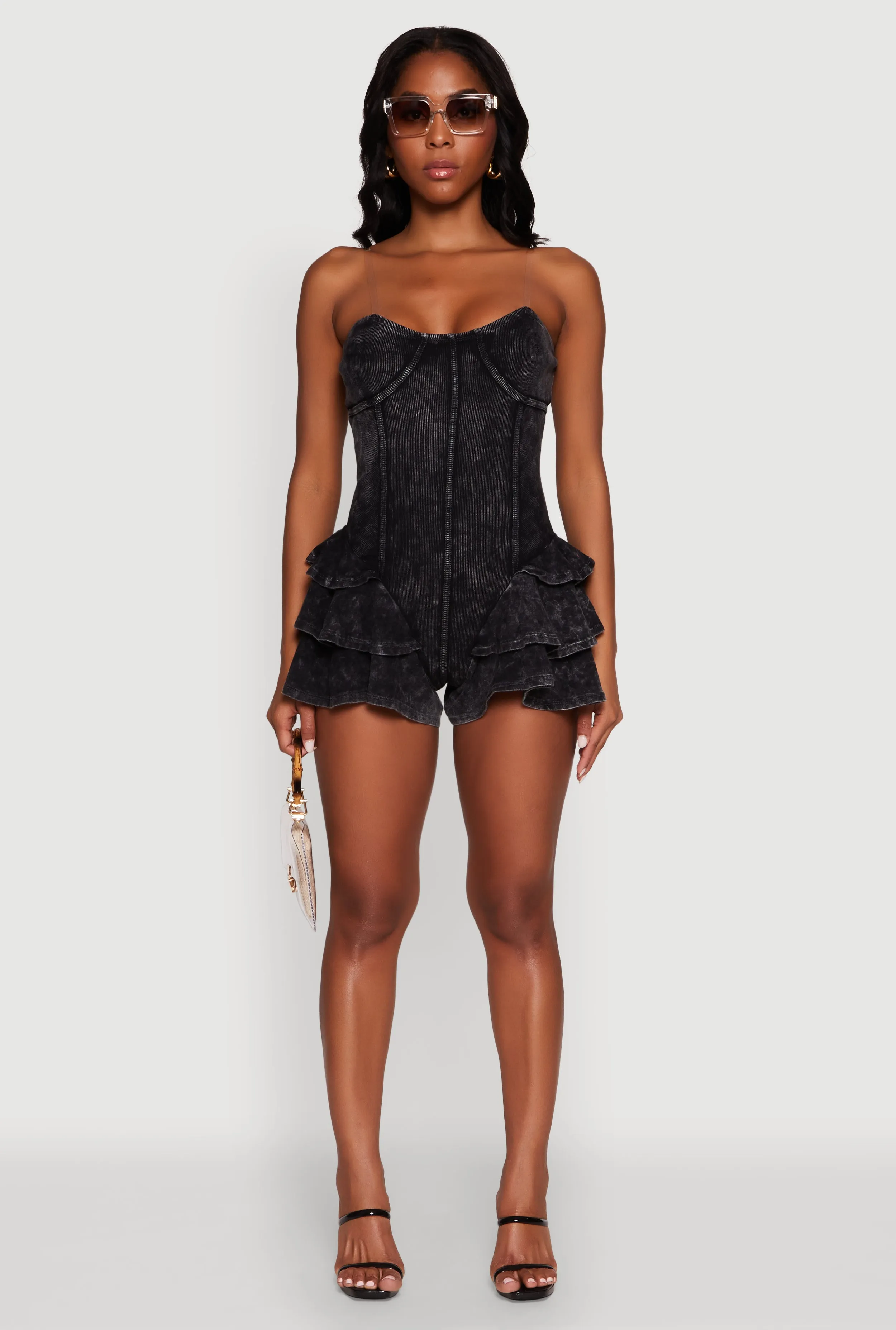 Trendy Acid Wash Corset Romper with Tiered Ruffles sold by Rainbow product image thumbnail 2
