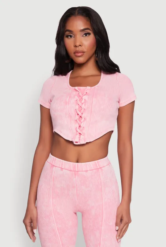 Mineral Wash Lace Up Detail Crop Top sold by Rainbow