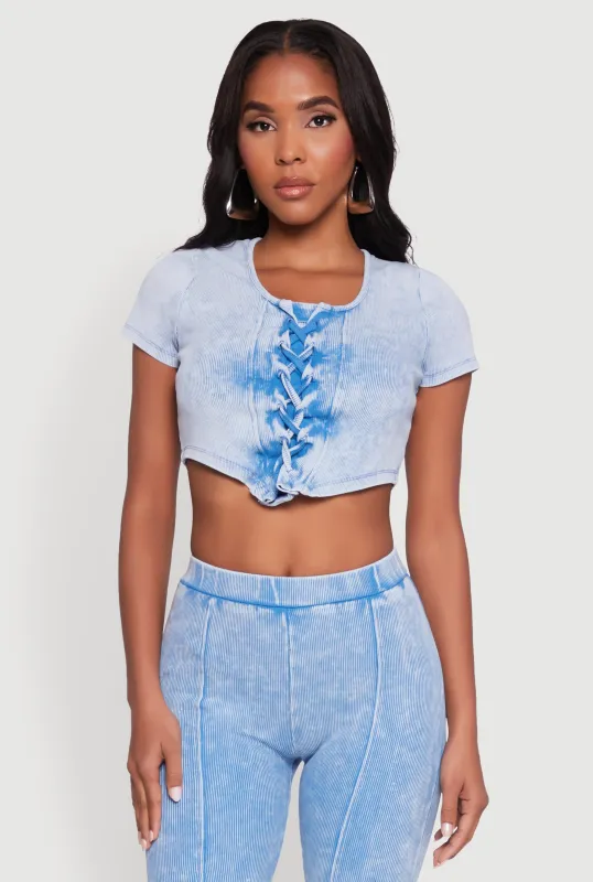 Mineral Wash Lace Up Detail Crop Top sold by Rainbow