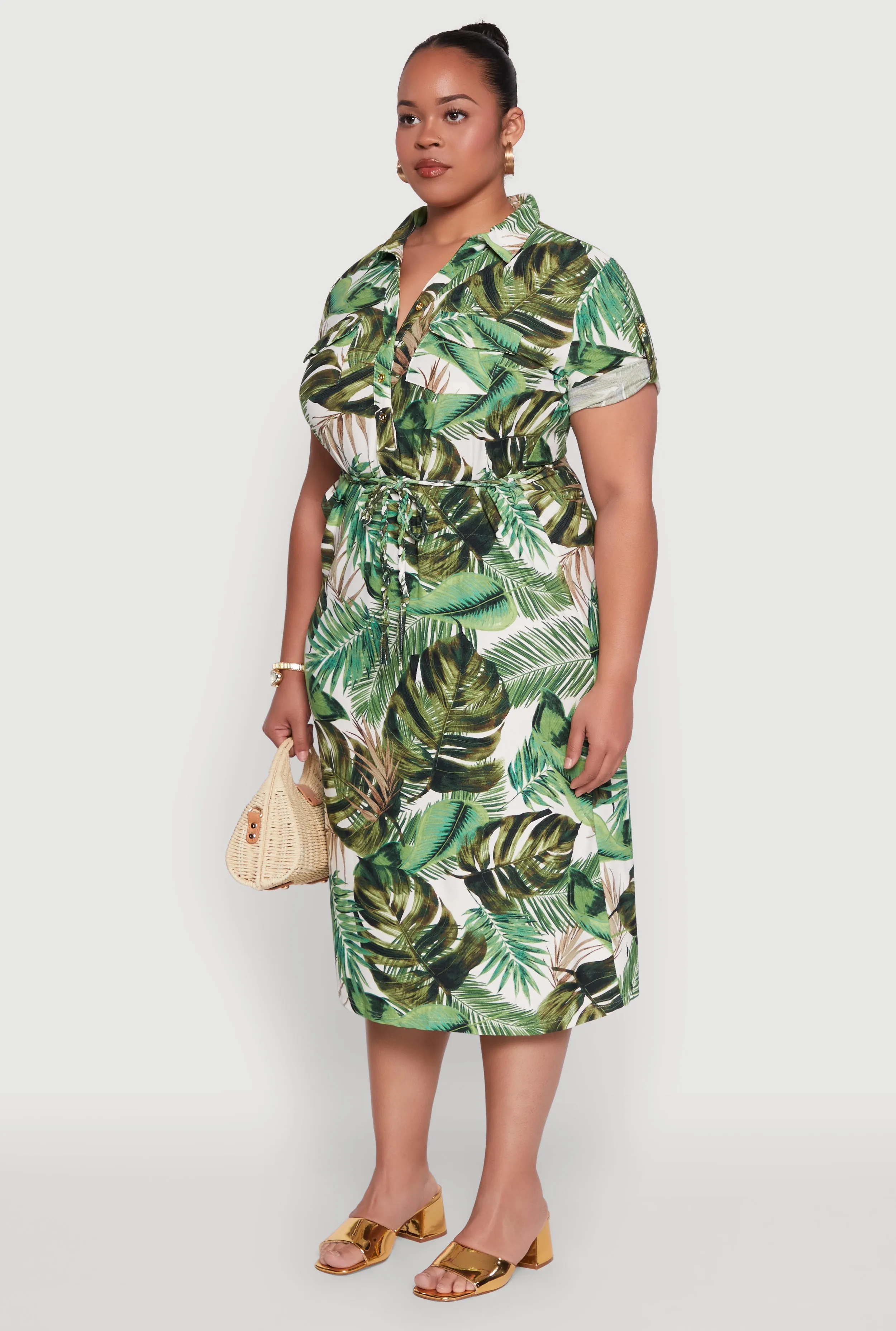 Plus Size Short Sleeve Leaf Print Shirt Dress sold by Rainbow product image thumbnail 3