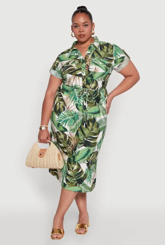 Plus Size Short Sleeve Leaf Print Shirt Dress sold by Rainbow