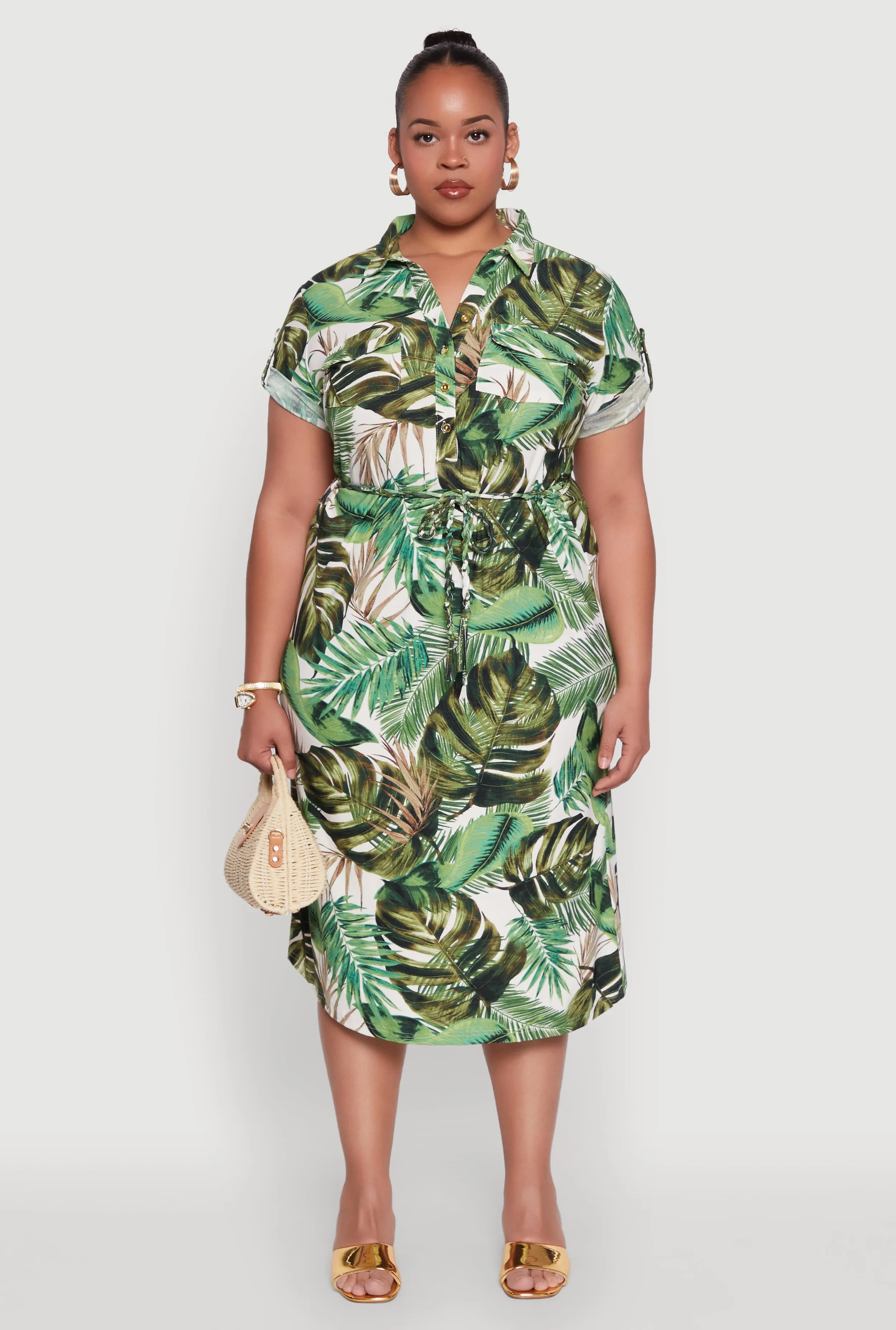 Plus Size Short Sleeve Leaf Print Shirt Dress sold by Rainbow product image thumbnail 2