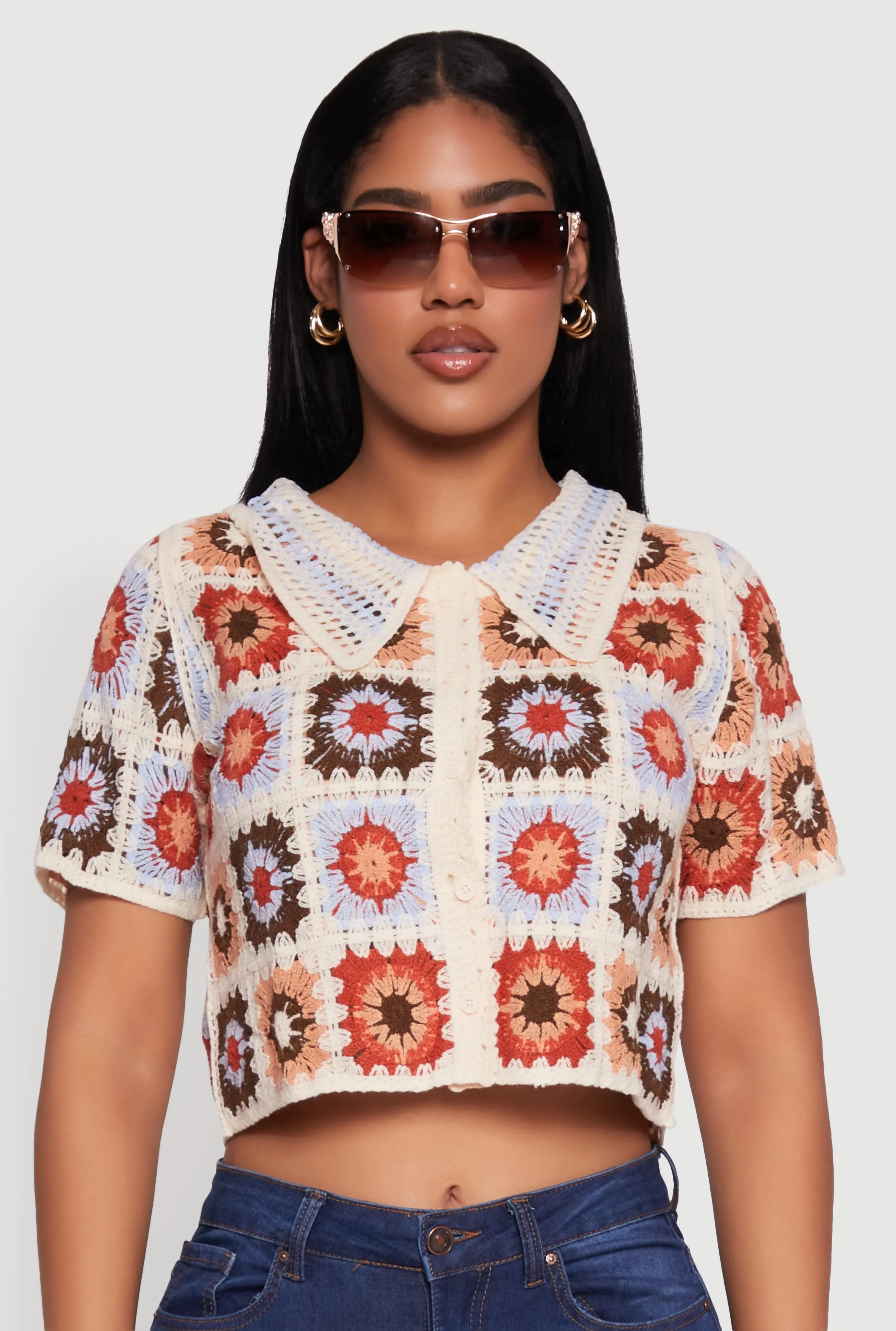 Boho Crochet Shirt with Cropped Hem and Classic Fit sold by Rainbow product image thumbnail 2