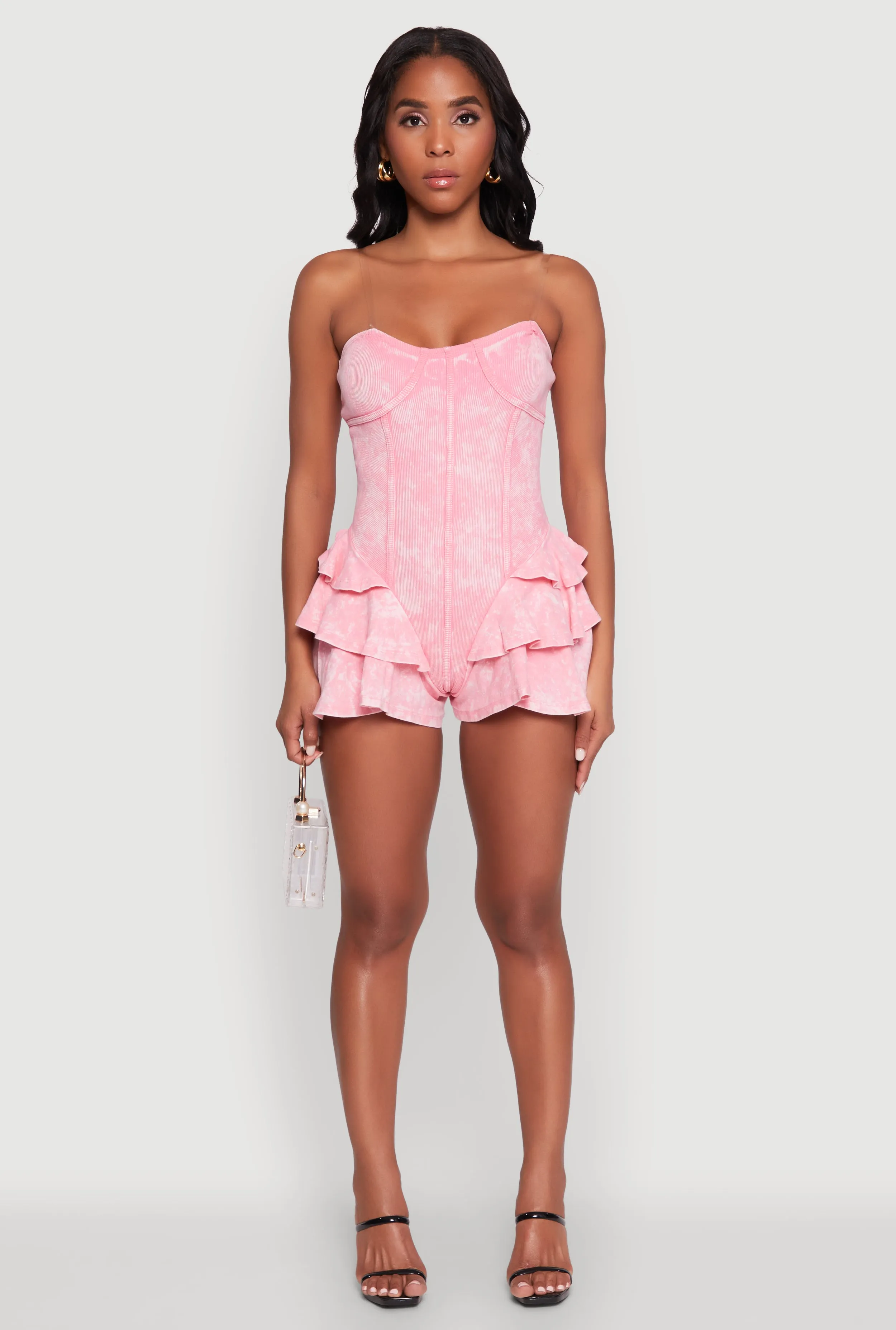 Trendy Acid Wash Corset Romper with Tiered Ruffles sold by Rainbow product image thumbnail 2