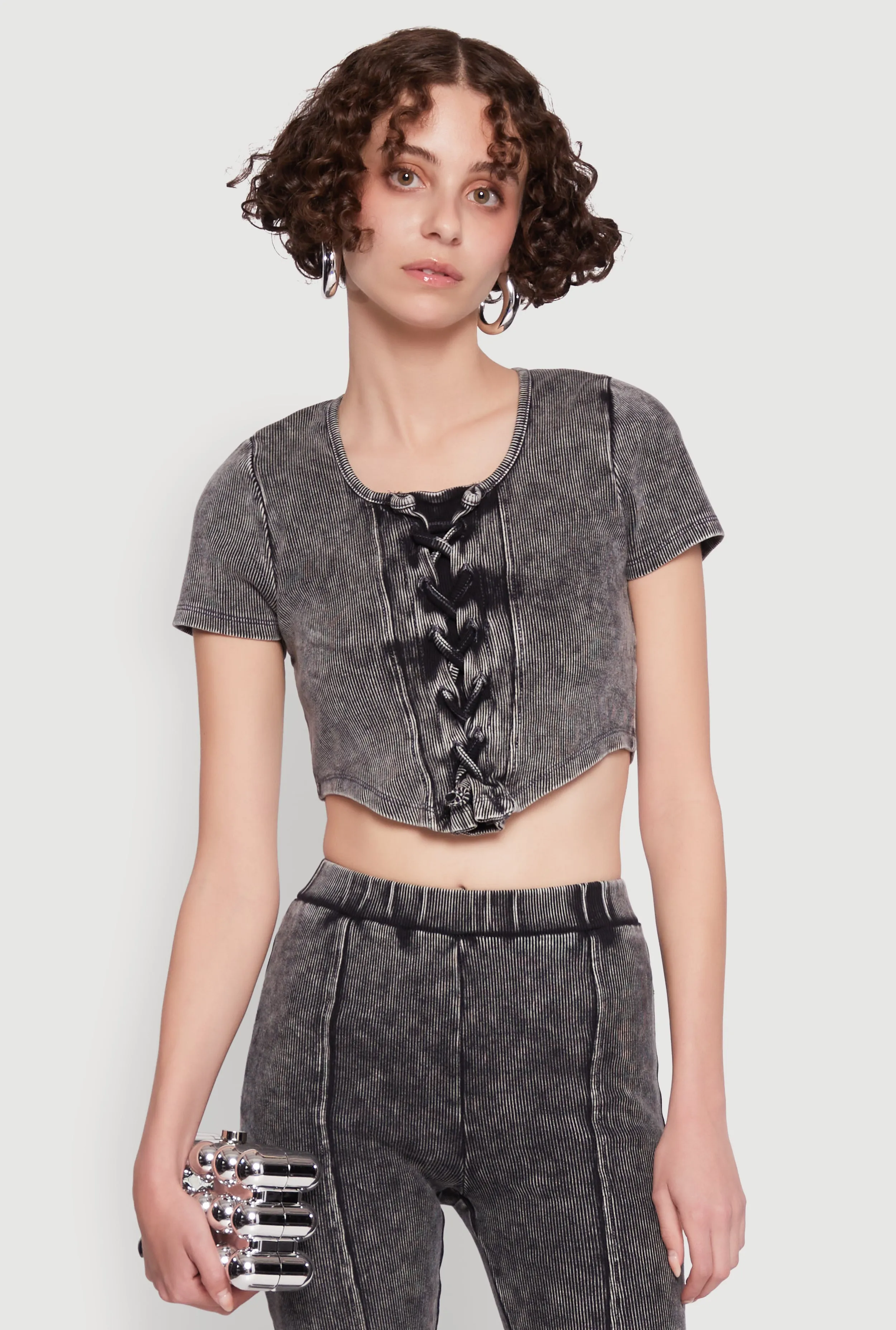 Mineral Wash Lace Up Detail Crop Top sold by Rainbow