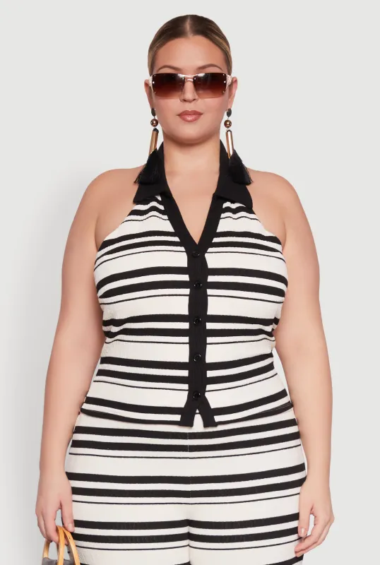 Plus Size Striped Sleeveless Blouse with Halter Neck and Contrast Trim sold by Rainbow