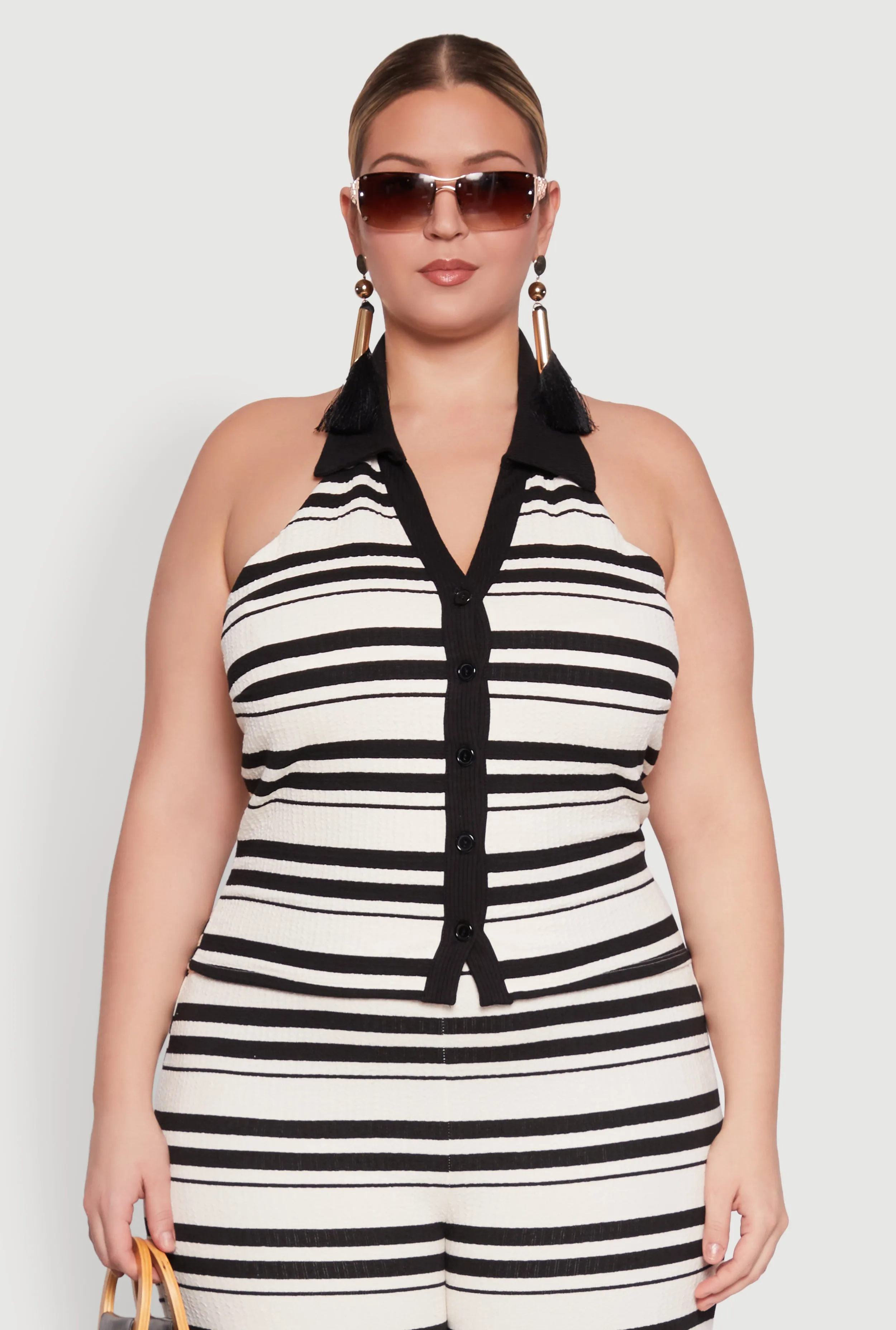 Plus Size Striped Sleeveless Blouse with Halter Neck and Contrast Trim sold by Rainbow