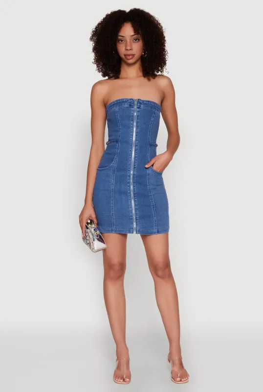 Denim Zip Front Mini Tube Dress sold by Rainbow