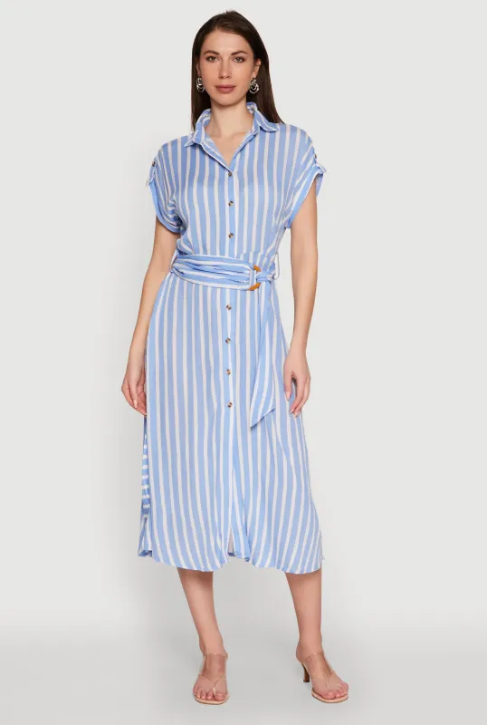 Chic Striped Shirt Dress with O Ring Tie Waist Belt sold by Rainbow