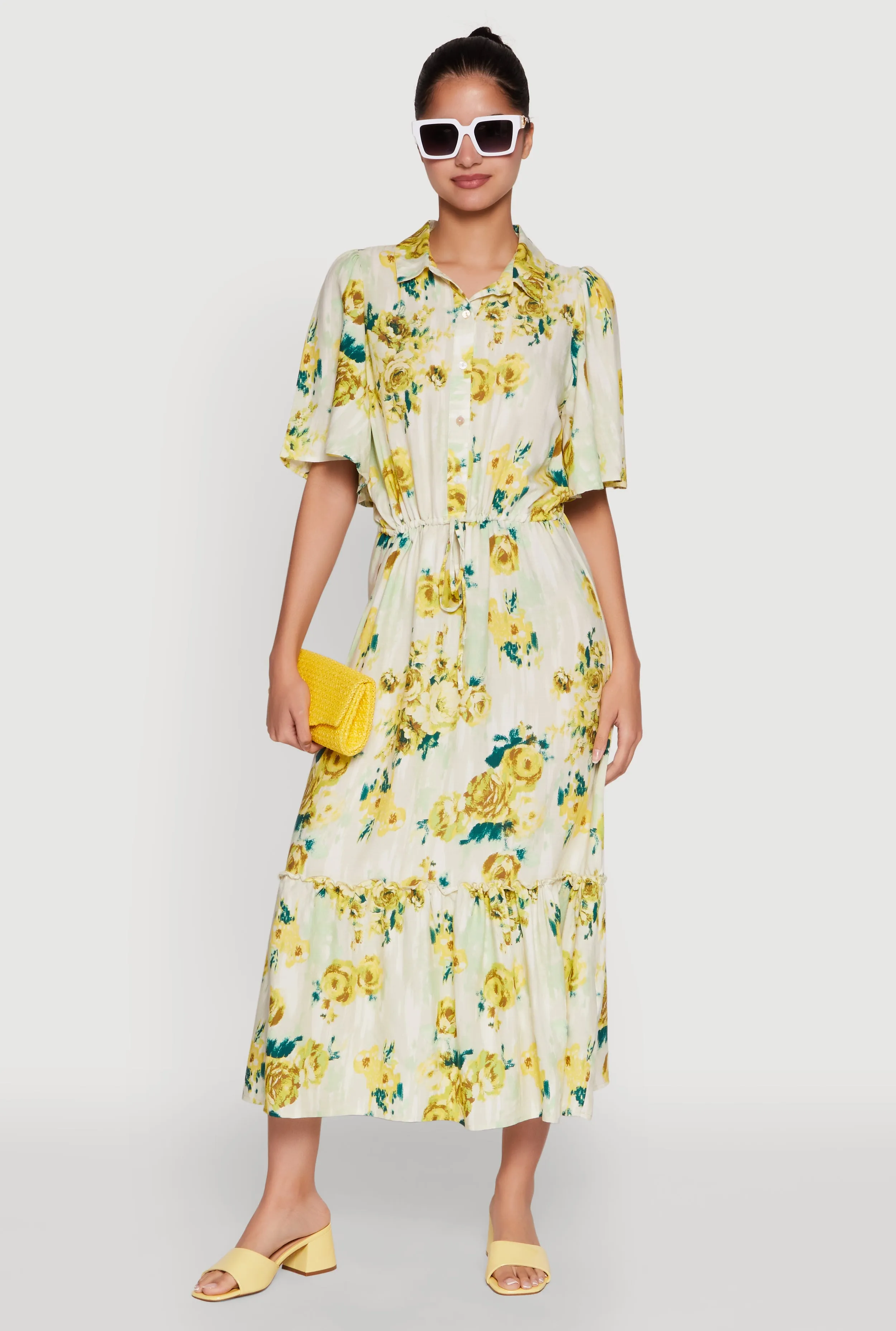 Floral Print Tiered Shirt Dress with Flounce Sleeves sold by Rainbow