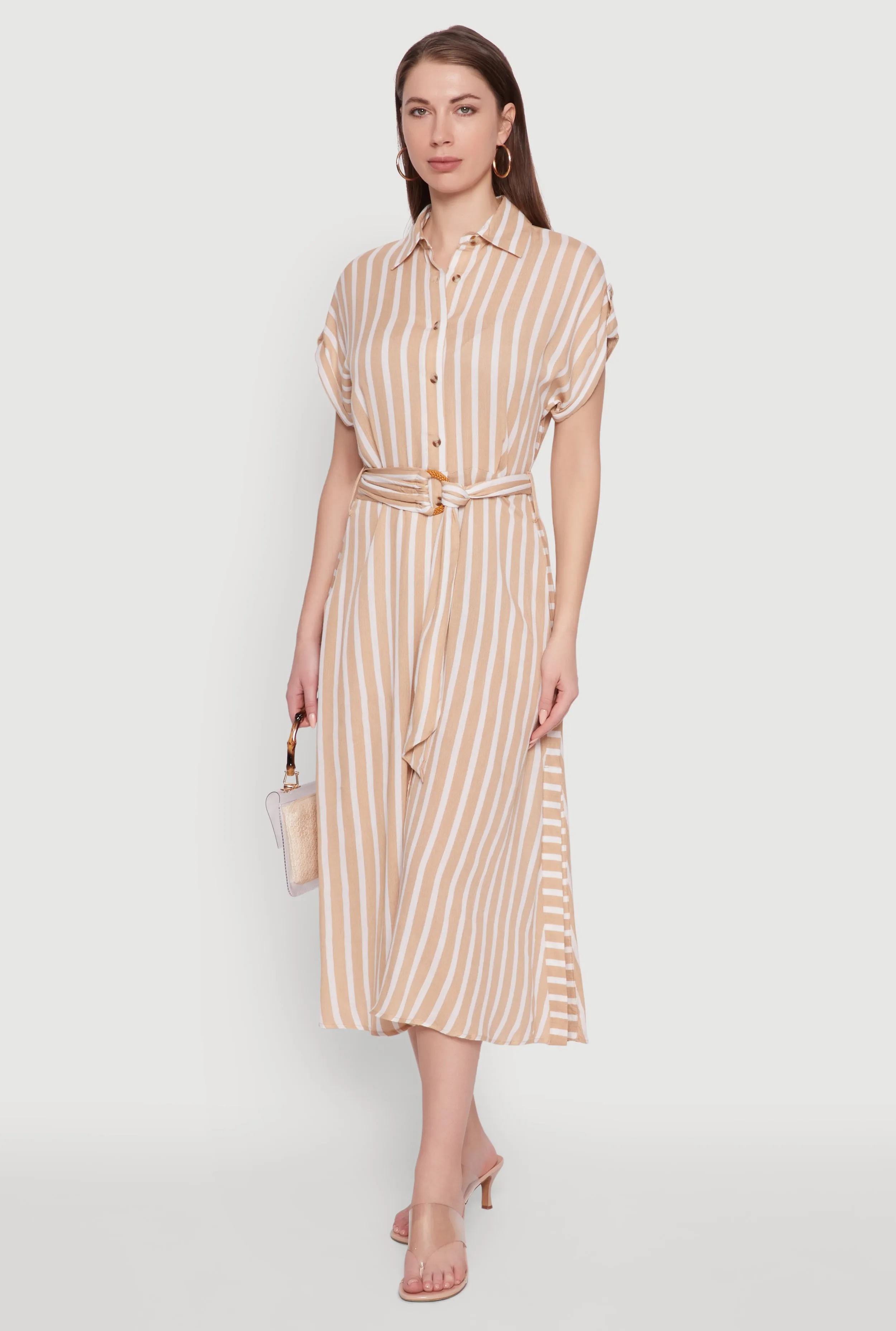 Chic Striped Shirt Dress with O Ring Tie Waist Belt sold by Rainbow