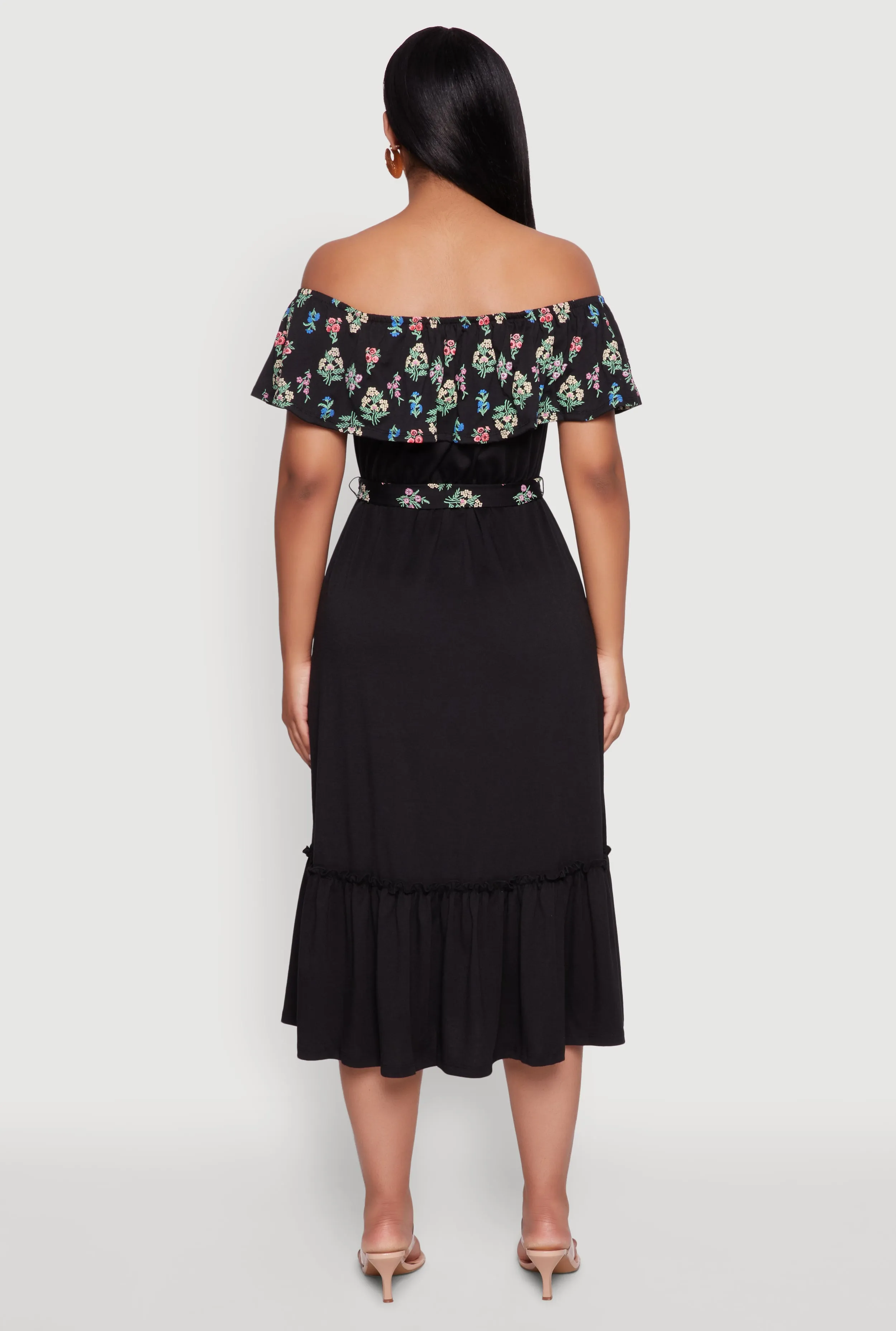 Elegant Floral Ruffle Overlay Tiered Dress with Tie Waist Belt sold by Rainbow product image thumbnail 5