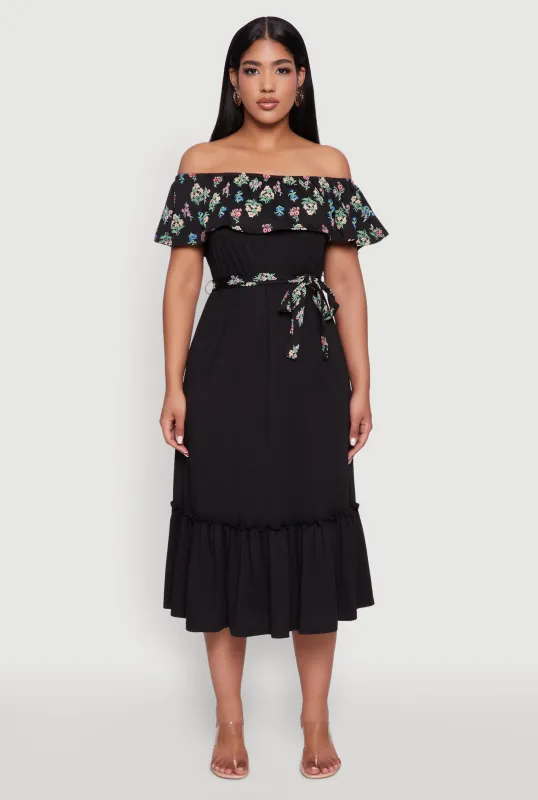Elegant Floral Ruffle Overlay Tiered Dress with Tie Waist Belt sold by Rainbow