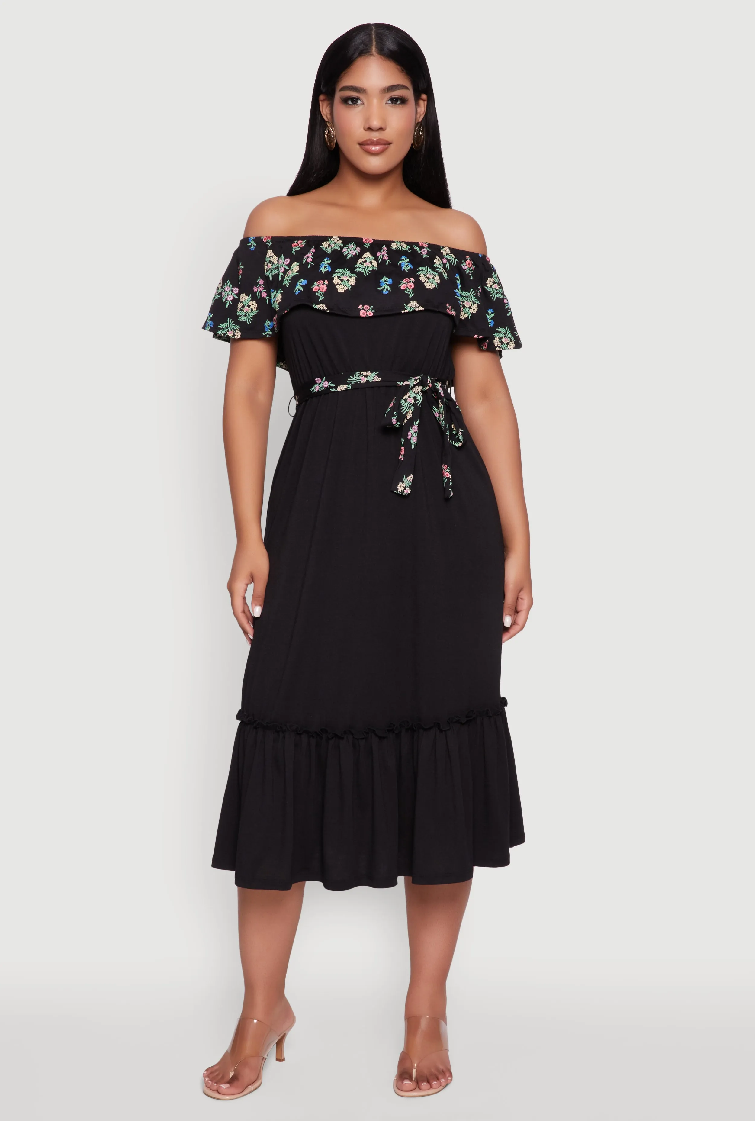 Elegant Floral Ruffle Overlay Tiered Dress with Tie Waist Belt sold by Rainbow product image thumbnail 2