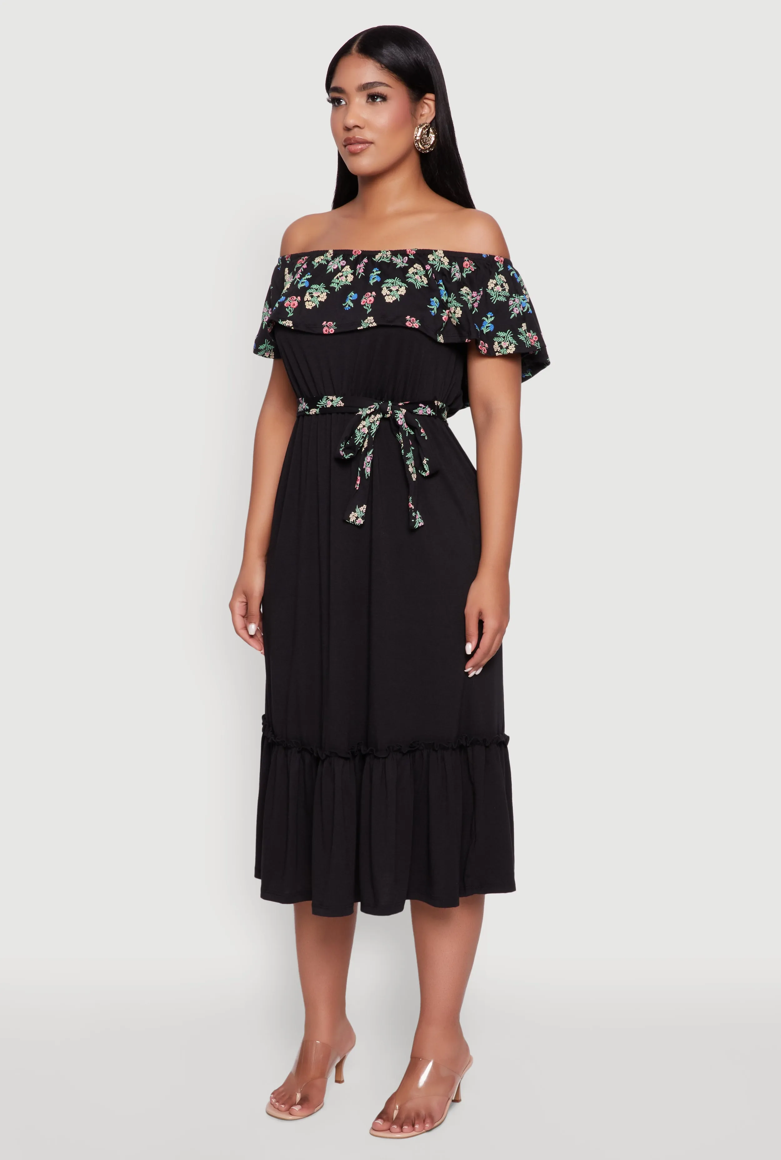 Elegant Floral Ruffle Overlay Tiered Dress with Tie Waist Belt sold by Rainbow product image thumbnail 3
