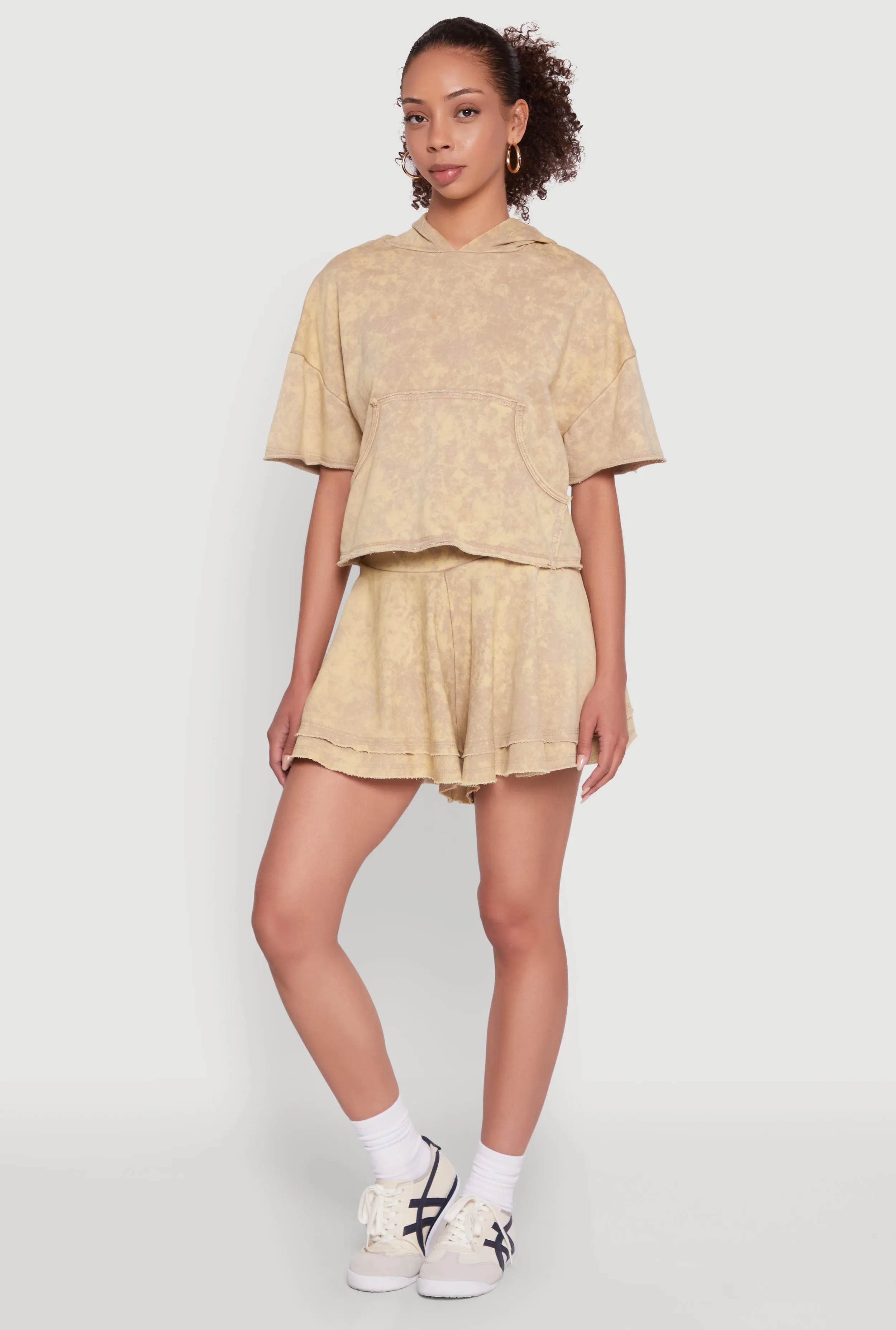 Trendy Mineral Wash Ruffle Tiered High Waisted Shorts sold by Rainbow