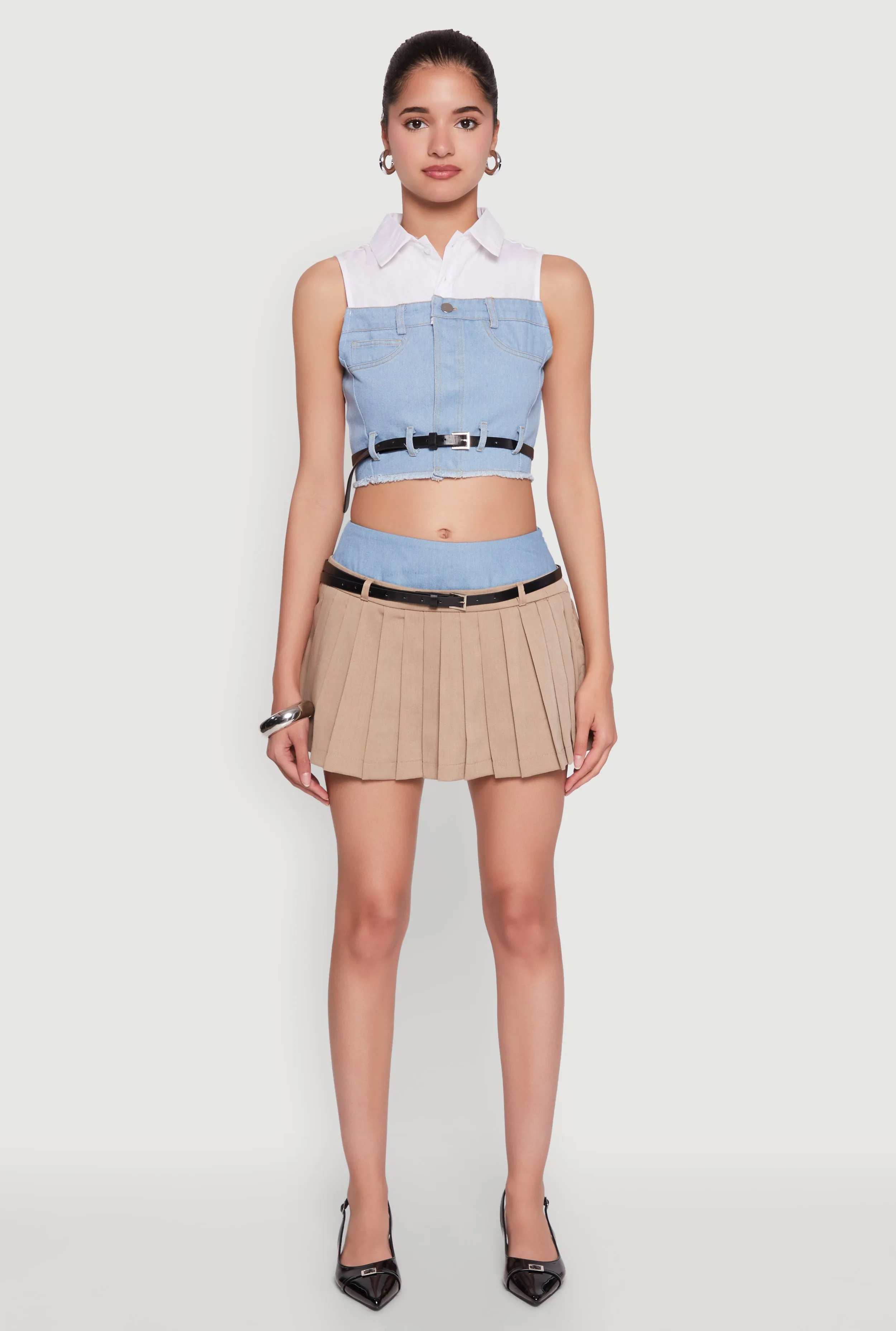 Trendy Sleeveless Buttoned Zip Front Cropped Blouse with Belt sold by Rainbow product image thumbnail 2