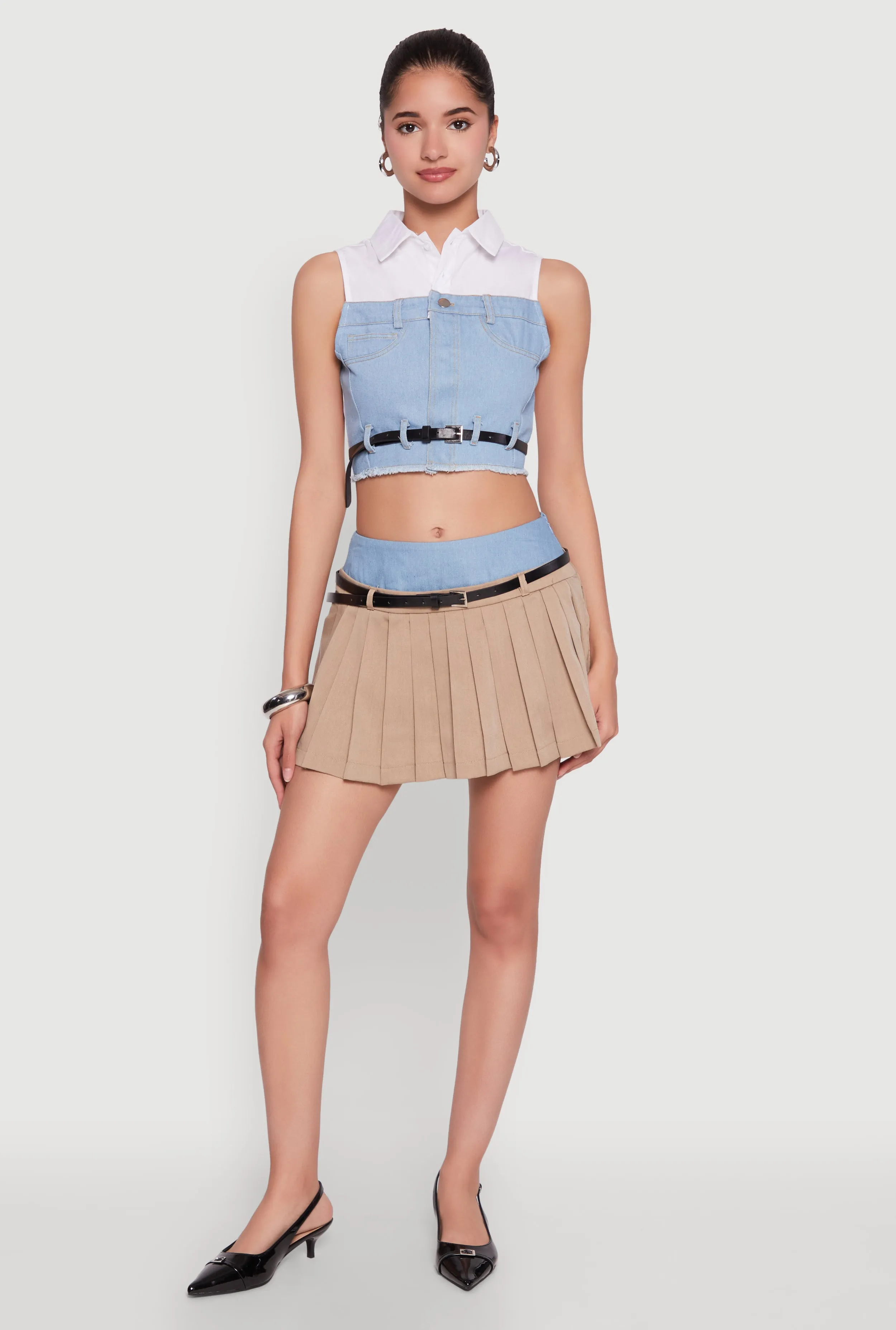 Trendy Sleeveless Buttoned Zip Front Cropped Blouse with Belt sold by Rainbow product image thumbnail 3