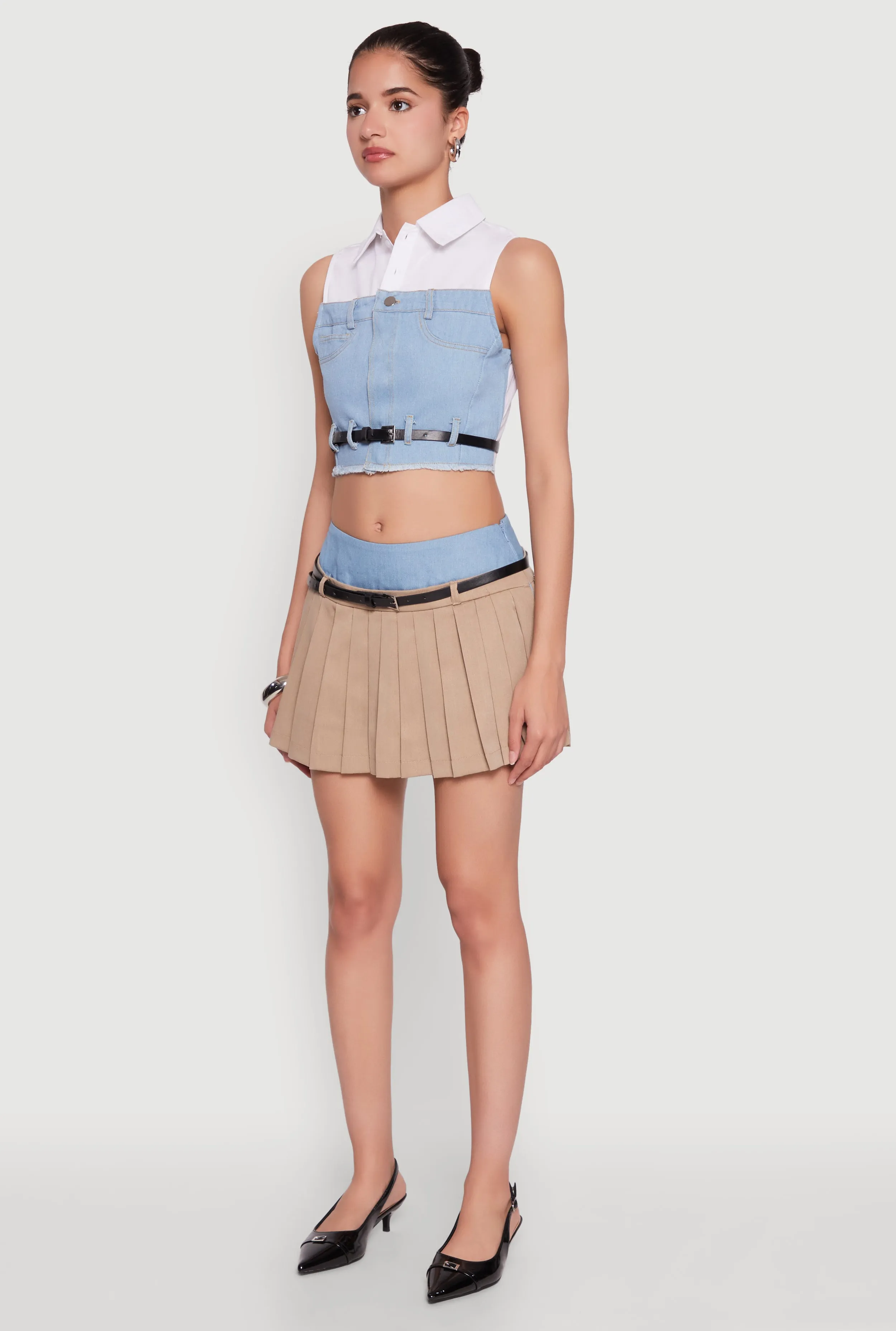 Trendy Sleeveless Buttoned Zip Front Cropped Blouse with Belt sold by Rainbow product image thumbnail 5