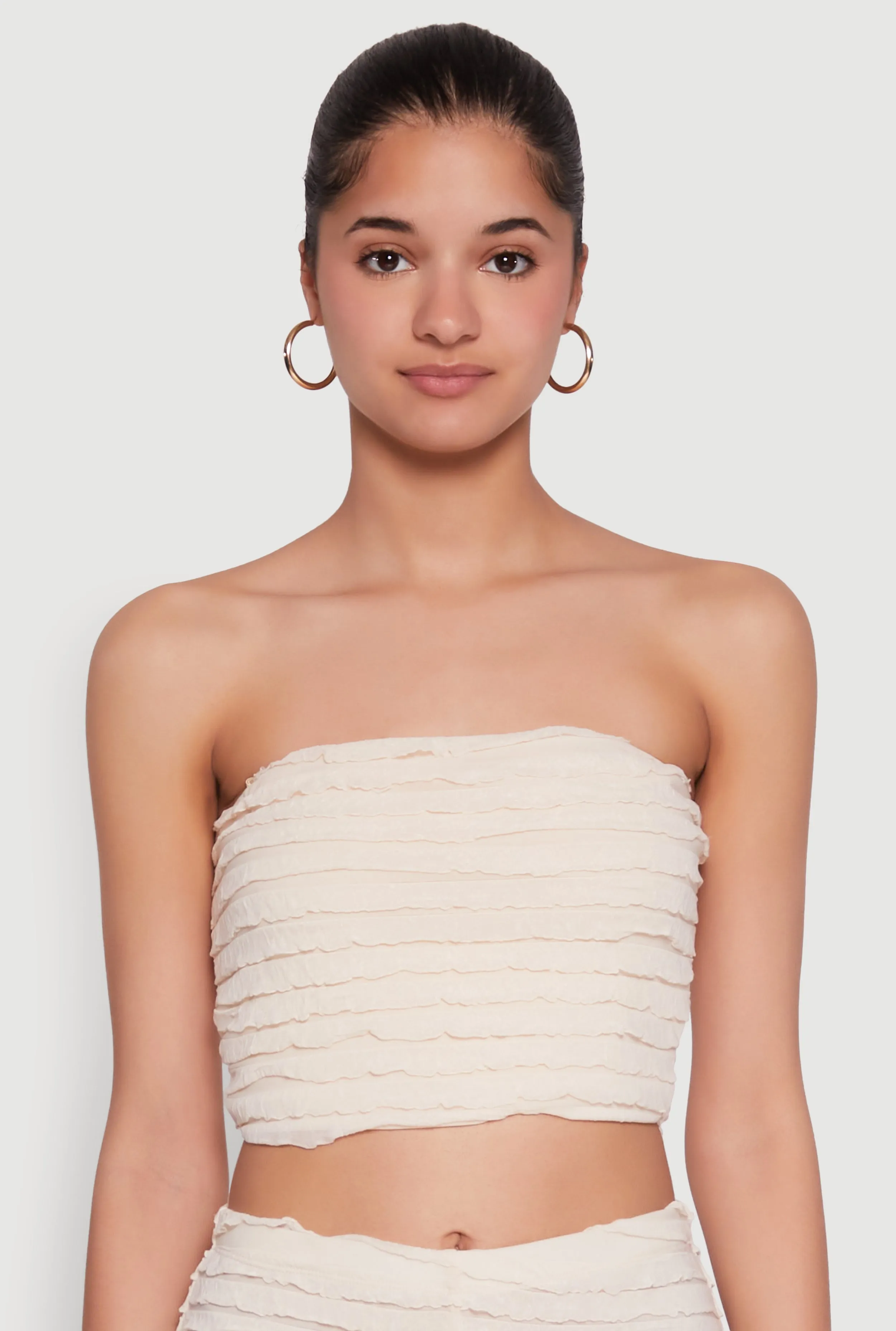 Trendy Mesh Lettuce Edge Tube Top with Cropped Hem sold by Rainbow