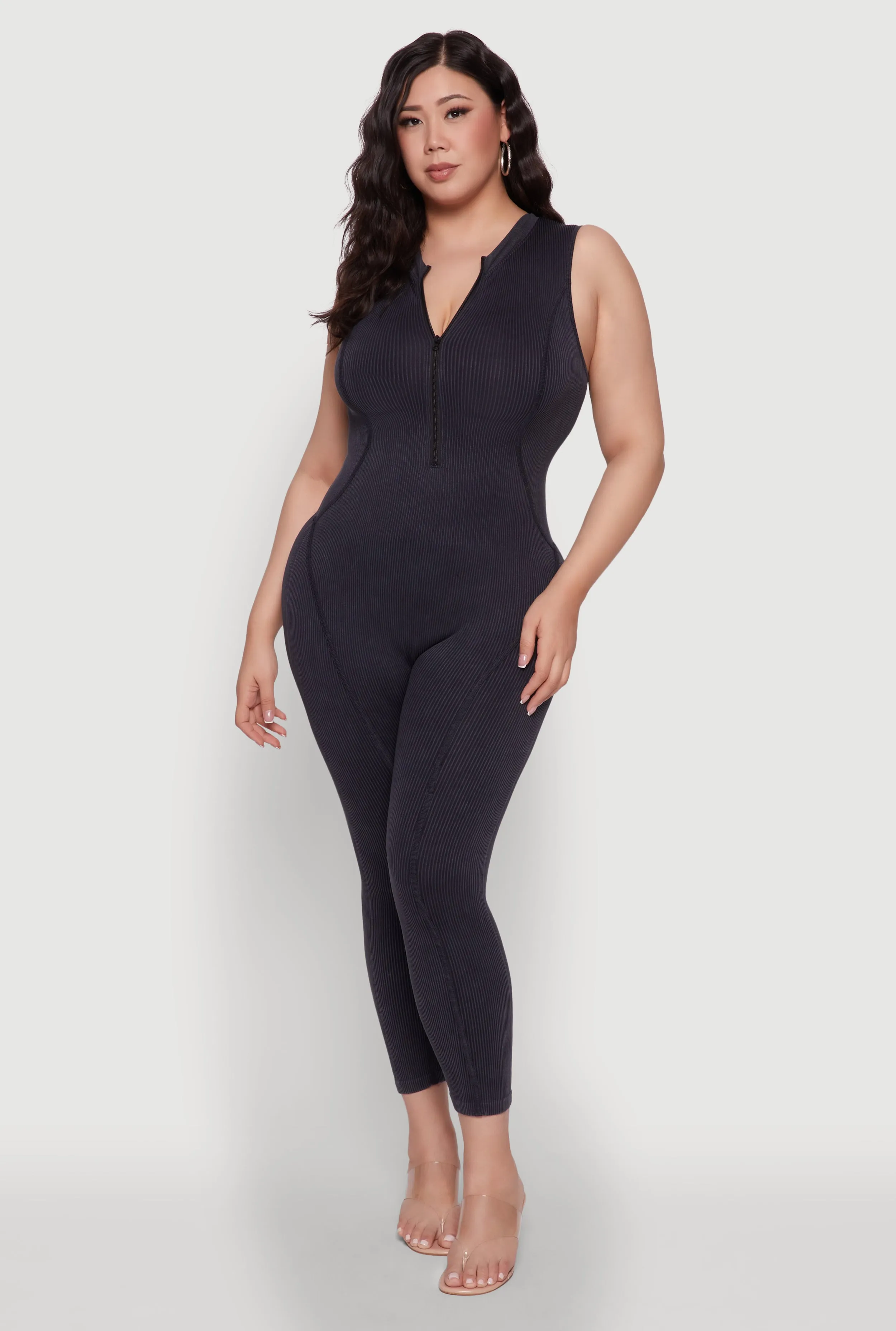Seamless Ribbed Knit Sleeveless Jumpsuit with Zip Neck sold by Rainbow