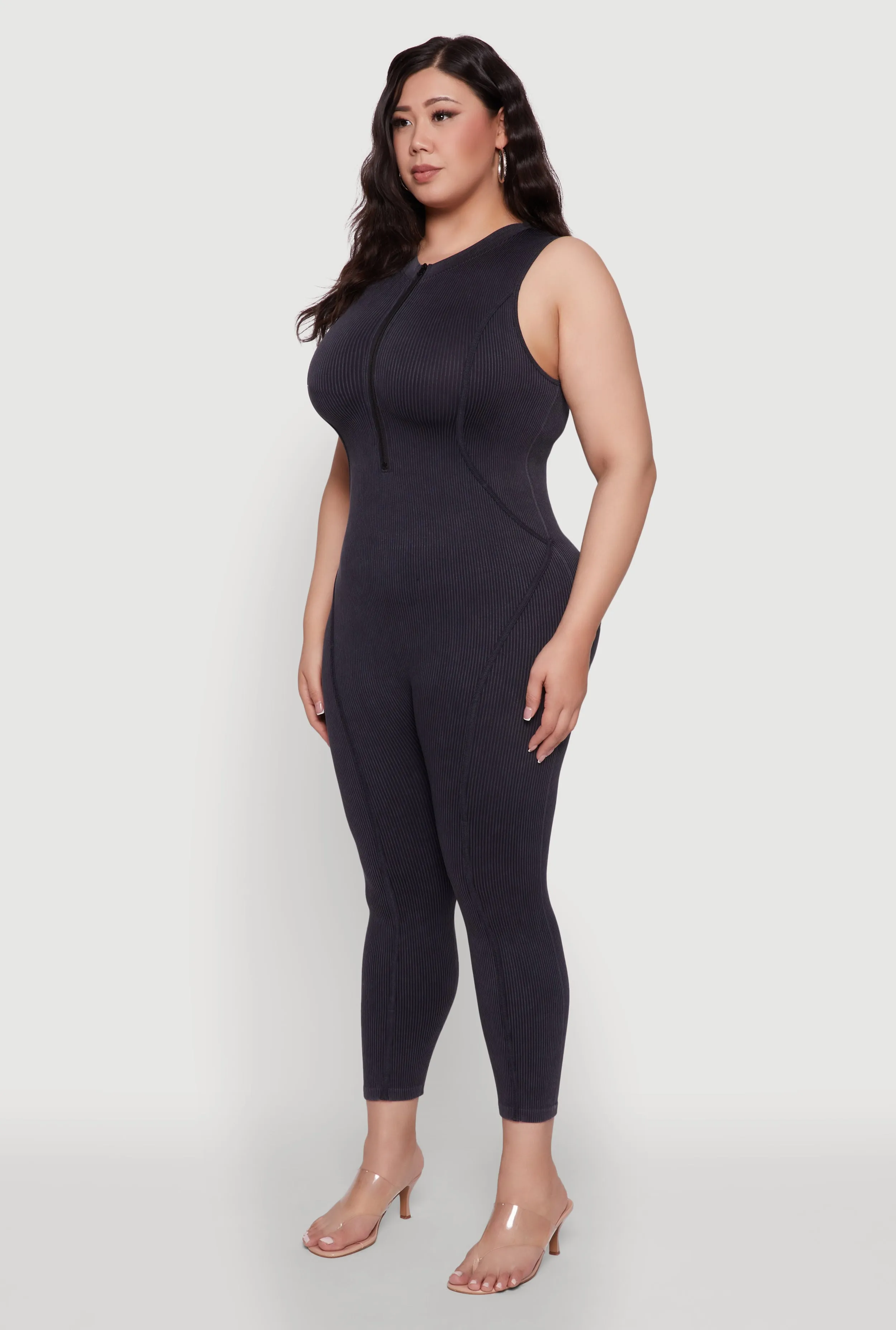 Seamless Ribbed Knit Sleeveless Jumpsuit with Zip Neck sold by Rainbow product image thumbnail 3