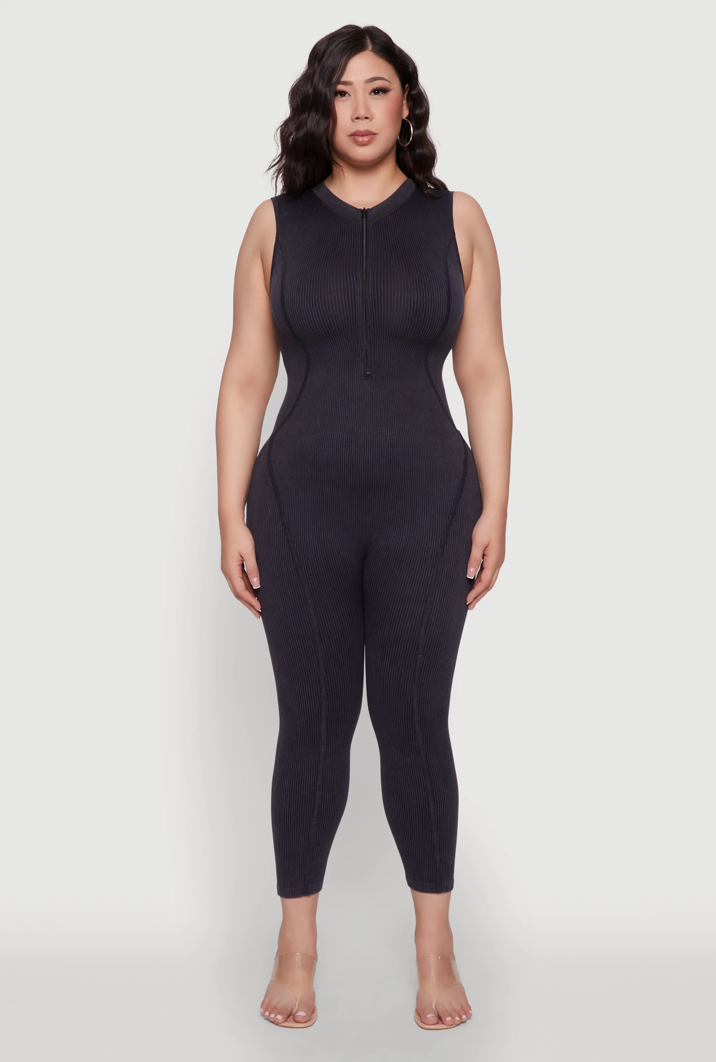 Seamless Ribbed Knit Sleeveless Jumpsuit with Zip Neck sold by Rainbow product image thumbnail 2