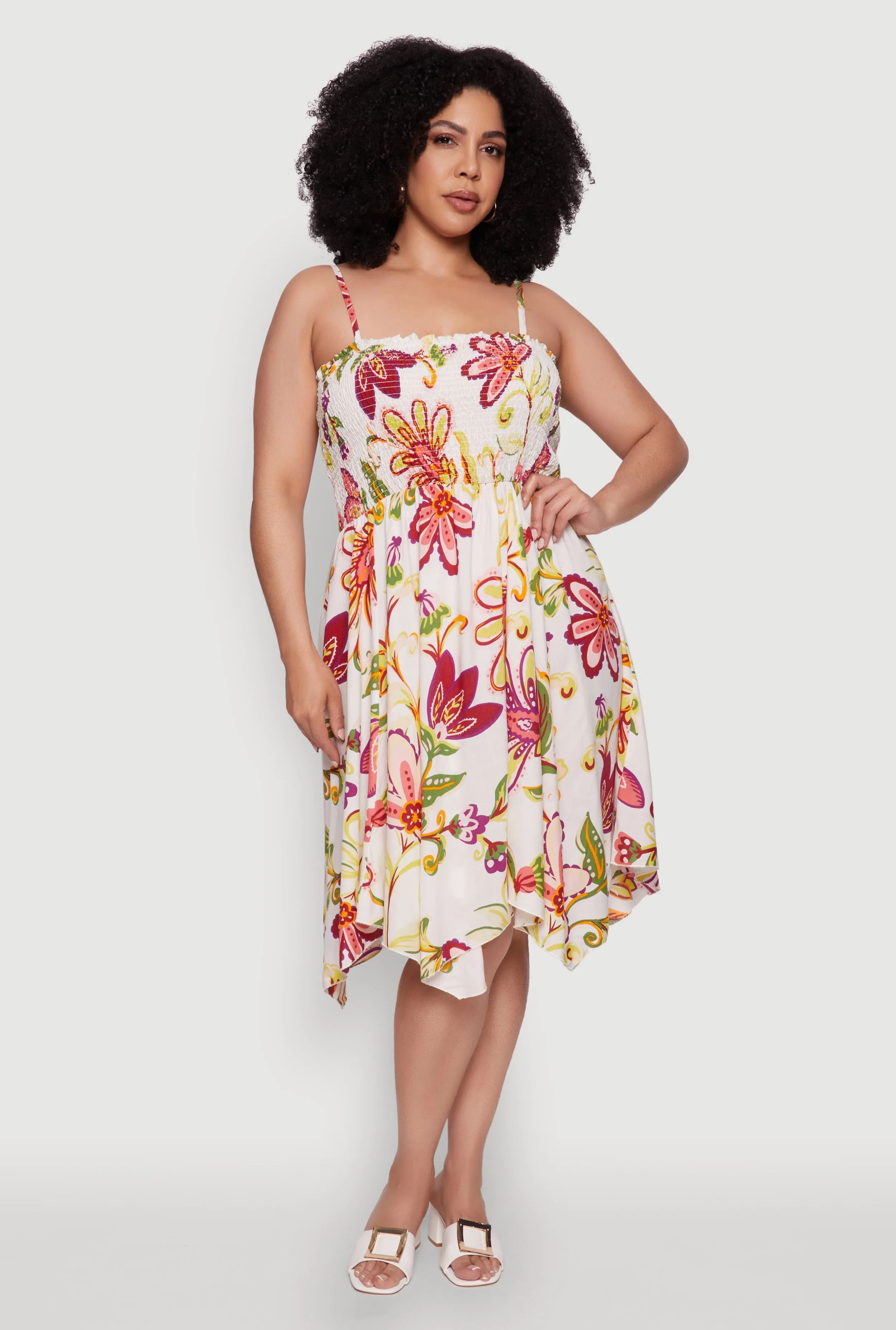 Plus Size Floral Sleeveless Sundress with Square Neck and Sharkbite Hem sold by Rainbow
