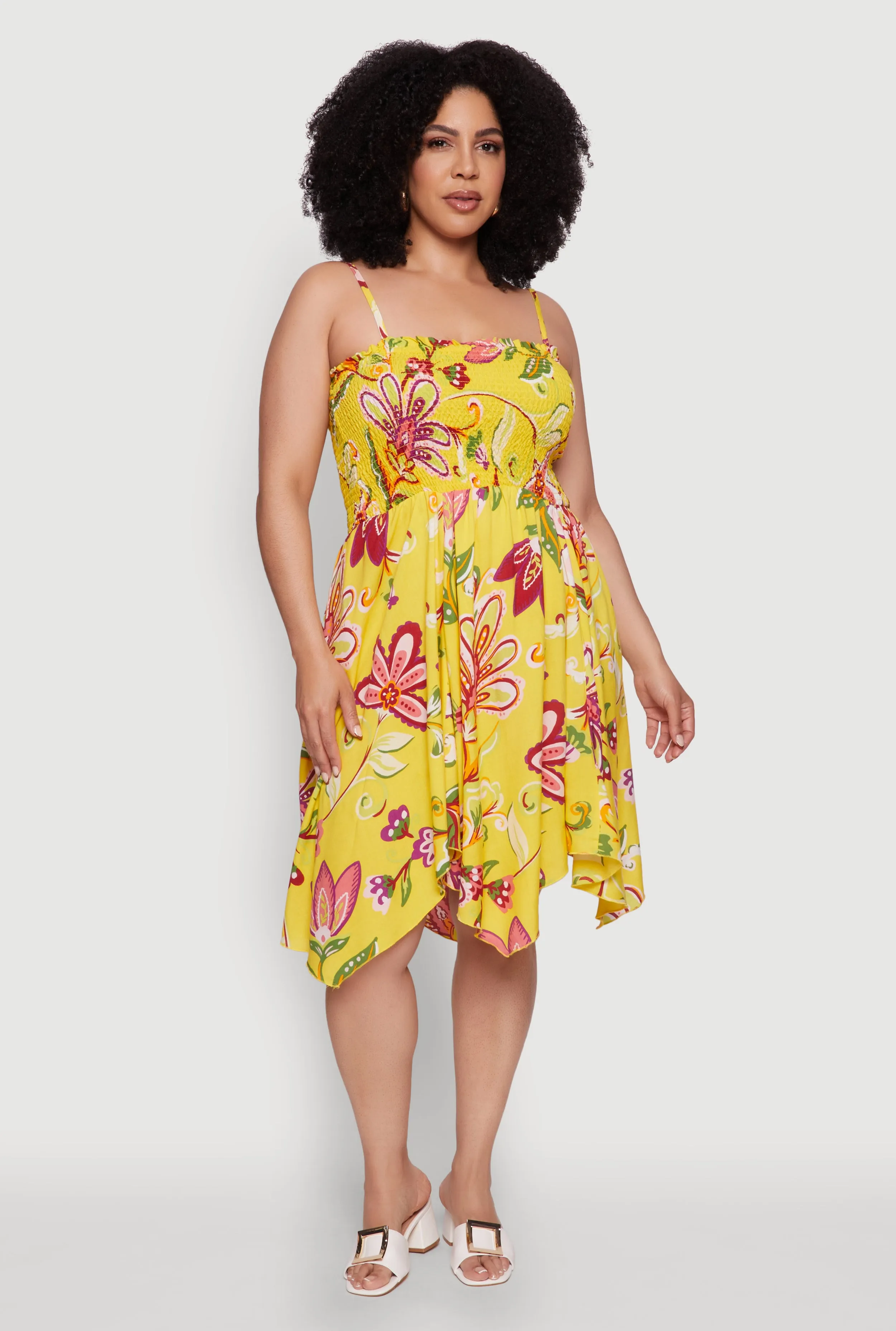 Plus Size Floral Sleeveless Sundress with Square Neck and Sharkbite Hem sold by Rainbow