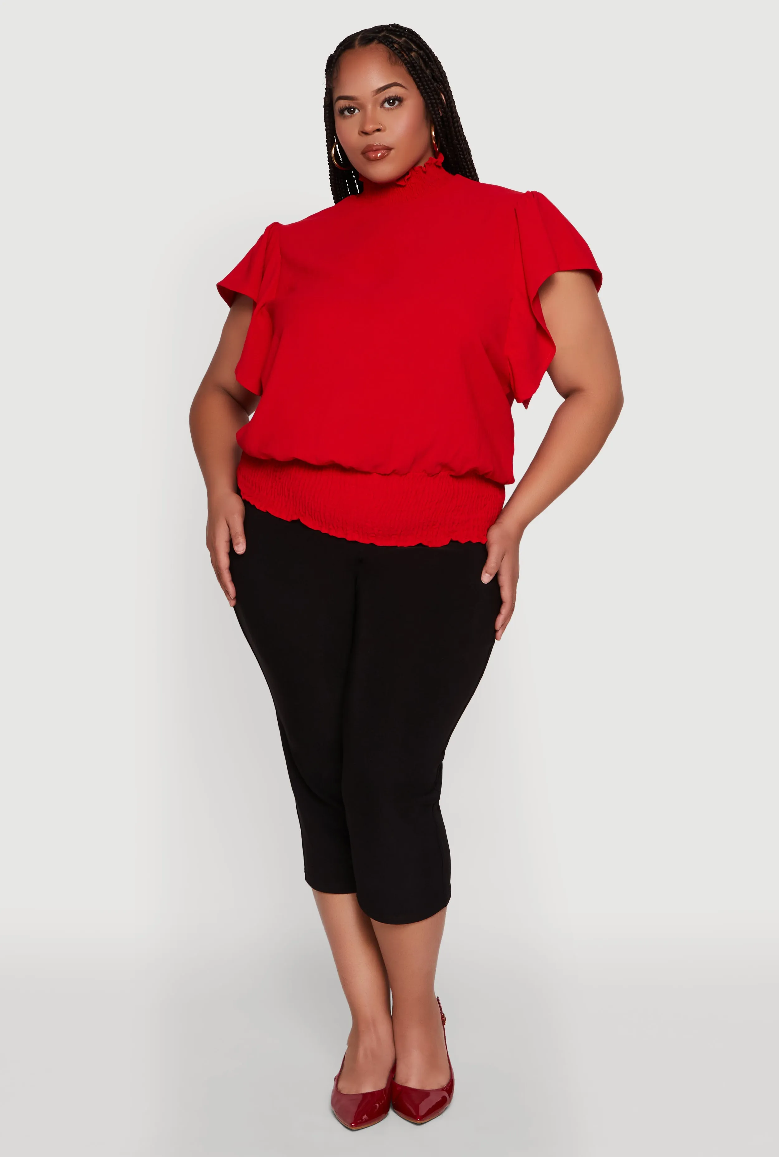 Plus Size Chic Crepe Knit Flutter Sleeves Mock Neck Blouse sold by Rainbow